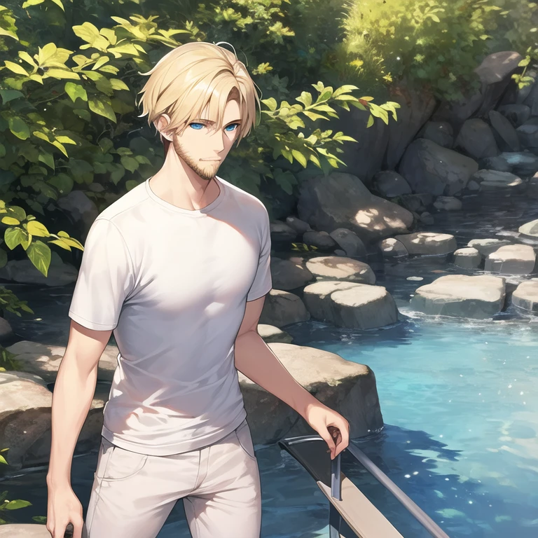 masterpiece, best quality, 1boy, solo, mature male, straight hair, short hair, blonde hair, beard, blue eyes, white t-shirt, black pants, outdoors