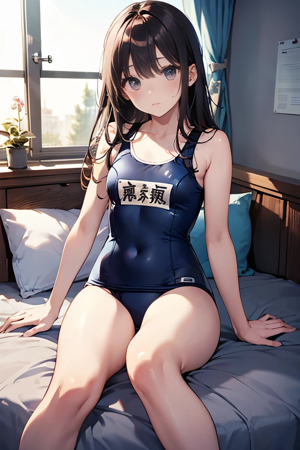 High quality、highest quality、complete limbs、Ultra high definition、Shining eyes、full finger、slender beauty、embarrassed look、sleeping in bed、Wearing a school swimsuit、shiny skin、knee high、girl's cute room、dramatic writing