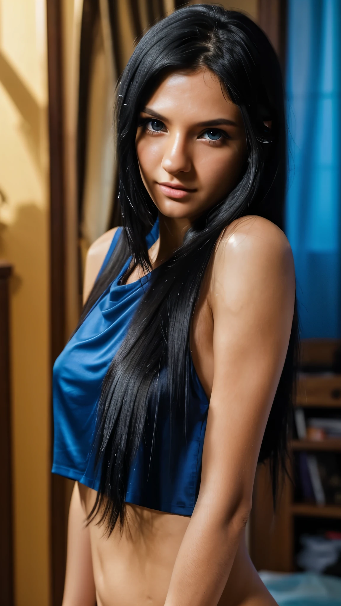 a photo of the most beautiful 21 year old woman alive, blue eyes, black hair, ombre hair style, messy long hair, full face and top body, full hair, black top with a slit, black photo set background, dramatic and stunning award winning photo, dramatic linear delicacy, shot on Sony a7 1 high resolution digital camera, hyper realistic skin, global illumination, very natural features, f2.8, looking straight into the camera