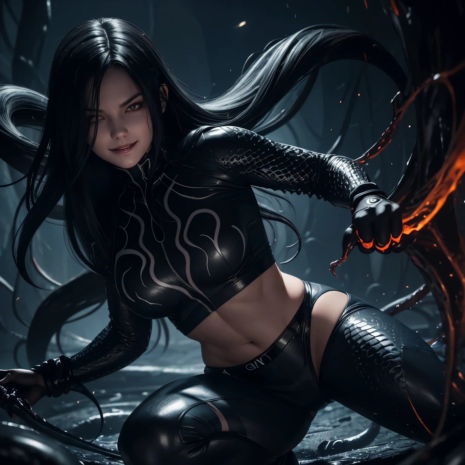 An ultrarealistic full body photo of woman in short pants fighting venom symbiote, black venom symbiote tentacles, laying deep in dark black liquid, long hair, short sports top, evil smile, evil glowing eyes, showing belly and thighs, hyper realistic, 8k