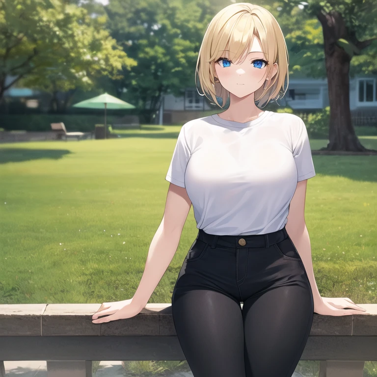 masterpiece, best quality, 1girl, solo, mature female, straight hair, short hair, blonde hair, blue eyes, white t-shirt, black pants, outdoors