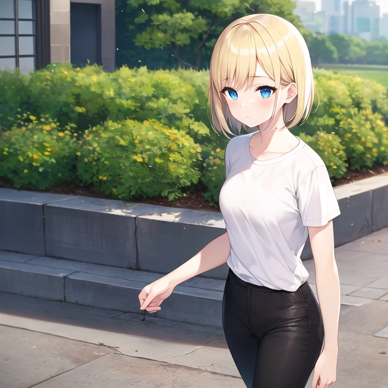 masterpiece, best quality, 1girl, solo, mature female, straight hair, short hair, blonde hair, blue eyes, white t-shirt, black pants, outdoors