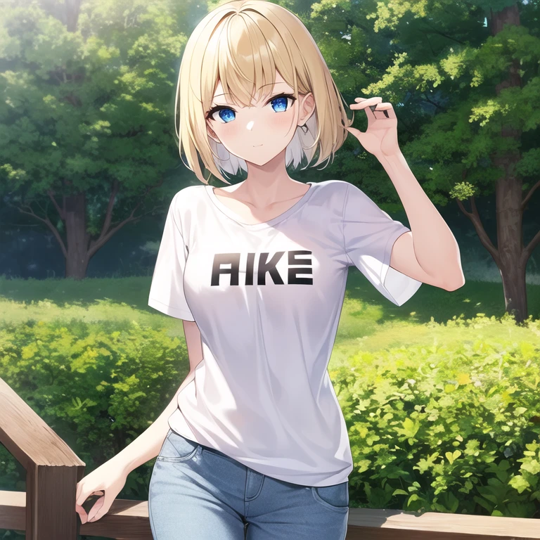 masterpiece, best quality, 1girl, solo, mature female, straight hair, short hair, blonde hair, blue eyes, white t-shirt, black pants, outdoors