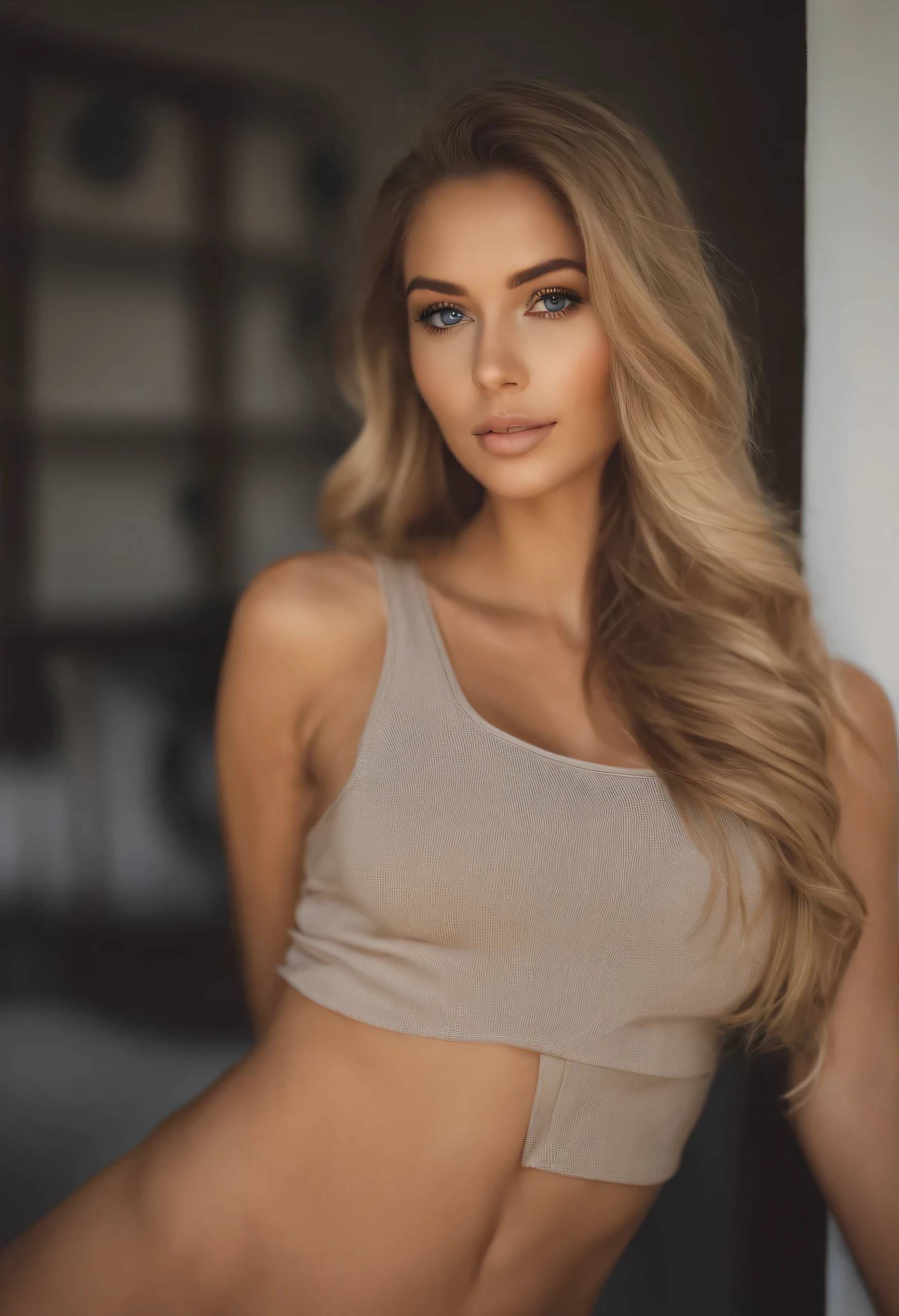Oman with matching tank top and panties, fille sexy aux yeux bleus, Portrait Sophie Mudd, Portrait de Corinna Kopf, cheveux blonds et grands yeux, selfie of a young woman, ohne Maquillage, maquillage naturel, Look directly into the camera, Visage avec Artgram, dezentes Maquillage, Superbe photo du corps entier, dans la chambre, gros seins, Blonde, Latin