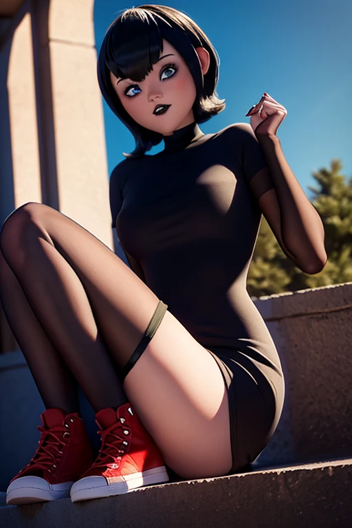 Mavis dracula sexy vestido negro ajustado con mangas y escote sexy, gothic makeup short hair bob style thick and voluminous lips perfect detailed blue eyes pale skin long open legs red Converse tennis shoes slender body 1.2 high resolution image 12k blue sky background 