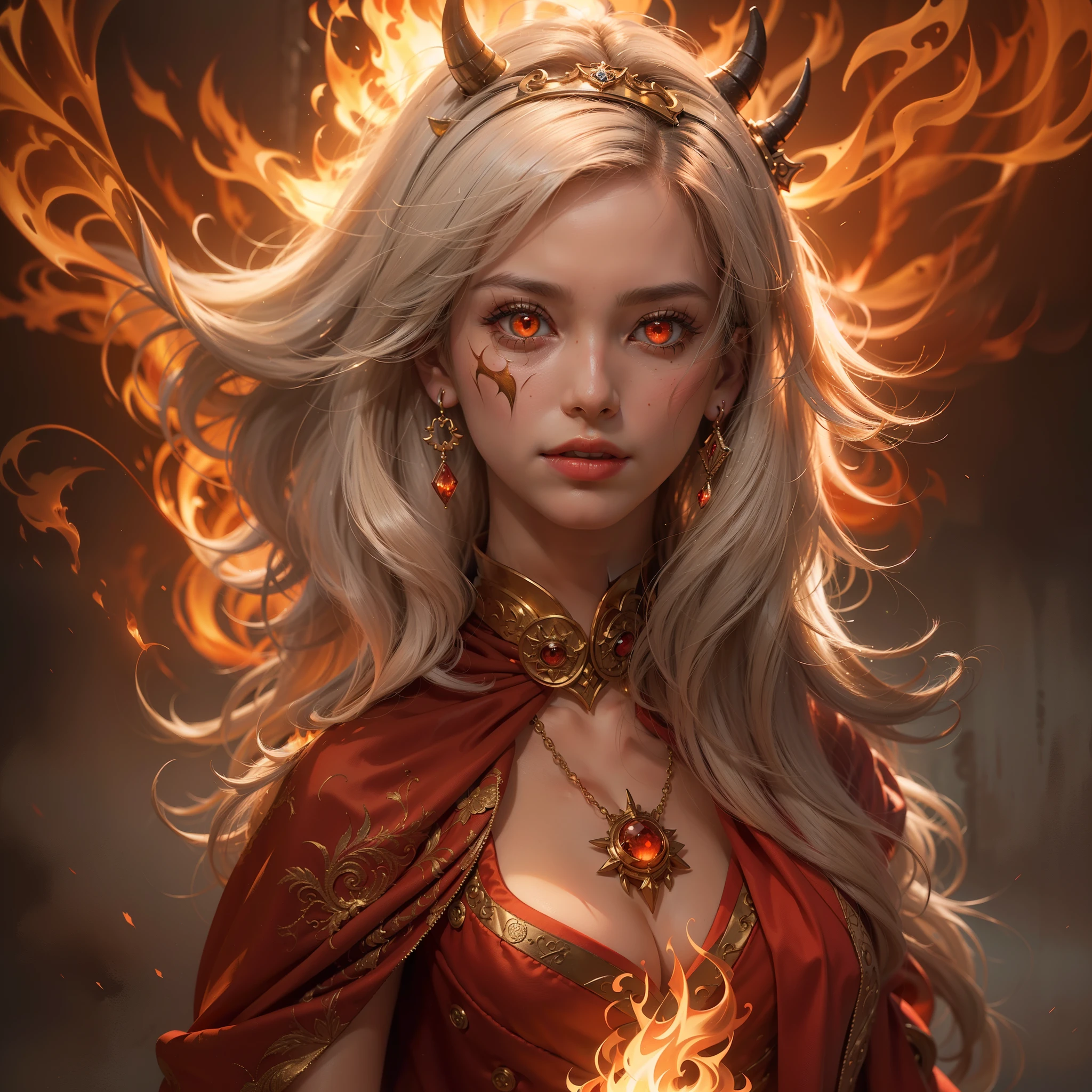 (Numerous award-winning masterpiece, with incredible detail, textures and maximum detail), (hyper realistic:1.4), (realistic:1.3), (upper body up:0.3), (full-body standing image:1.8), (best quality real texture skin), (finely detailed true circle Symmetrical eyes), finely detailed face, ((medieval world)), ((The Lord's blaze Devil)), ((The Lord's hellfire Devil)), (burn brightly icy look in the eye), (She has a mischievous smile on her face), (Eyes that glow red in the dark:1.5), (A pair of red eyes with strong red light emitting from within:1.5), (Use flashy flame magic:1.7), (Flames and flames swirling in the background), (Dramatic Light), (A majestic sight), (full-body standing image:1.8), (Her countenance is gentle and beautiful, but somehow terrifying), Glass earrings on the ears, (dramatic photo:1.4), ((dramatic pose)), (golden hair, silver hair, chestnut hair, white hair), Short cut hair, ((looks up)), ((looking down)), (Around her neck is a simple necklace of exquisite workmanship), (Bio luminescence with a brilliant glow:1.3), (Swirling flames), The Great Temple of the Devil, The Devil's Grand Shrine, great temple, great cathedral, temple ruins, detached temple, (Luminous magic circle:1.3), Ruins of an ancient castle, Shining majestic cloud masses and sky, lightning bolt, epic realistic, faded, art, (Greg Rutkowski:0.8), (teal and orange:0.4), (art station:1.5), cinematic, ((neutral colors)), (hdr:1.5), (muted colors:1.2), hyper detailed, dramatic light, (intricate details:1.1), complex background,