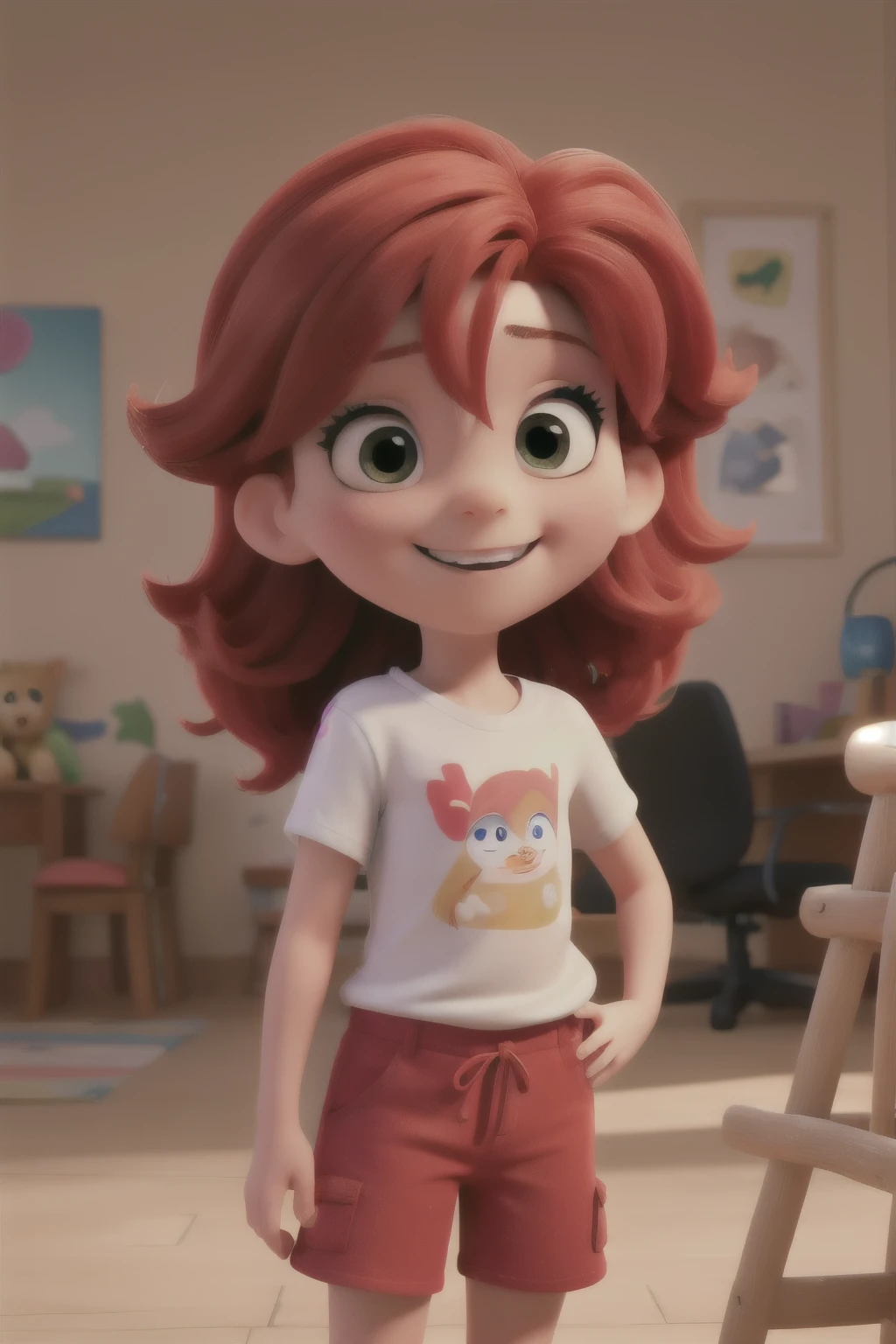 Charming 5 , displays red hair that flows down to her shoulders, wearing a vibrant red t-shirt and light shorts. His long hair complements his mischievous expression as he paints a picture.. Ao seu lado, an adorable white dog with brown spots participates in the activity, criando uma cena encantadora e cheia de alegria.