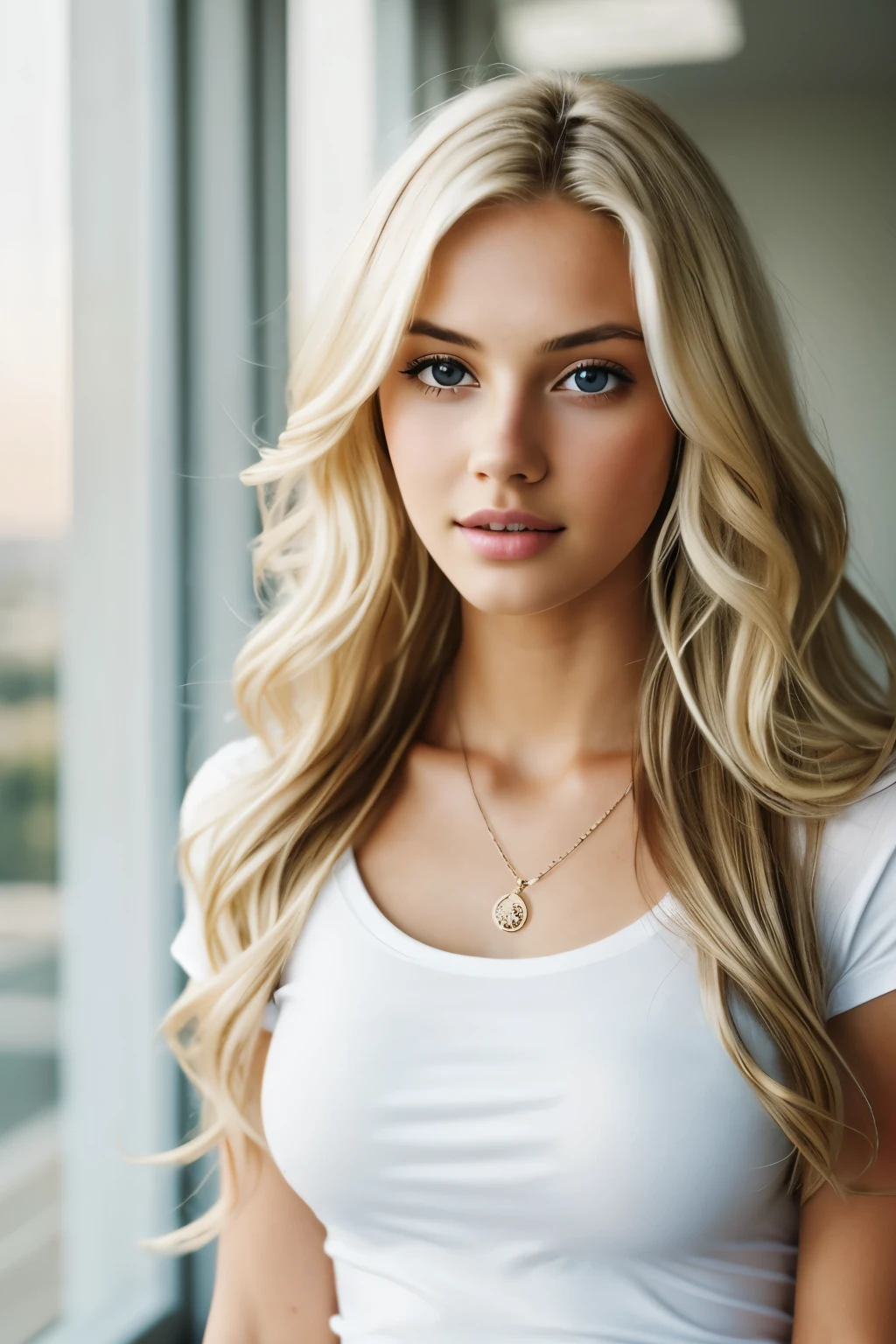 1girl in, 19, Solo, Long hair, Colossal tits, Looking at Viewer, blondehair, Bare shoulders, jewely, Full body, (extremely detailed 8k wallpaper), soft lighting, high quality, film grain, Fujifilm XT3 sharp focus, f 5.6, High Detail, Sharp focus,(natural light), (closeup:1.2), (seductive), off shoulders T-shirt, Realistic, A sexy