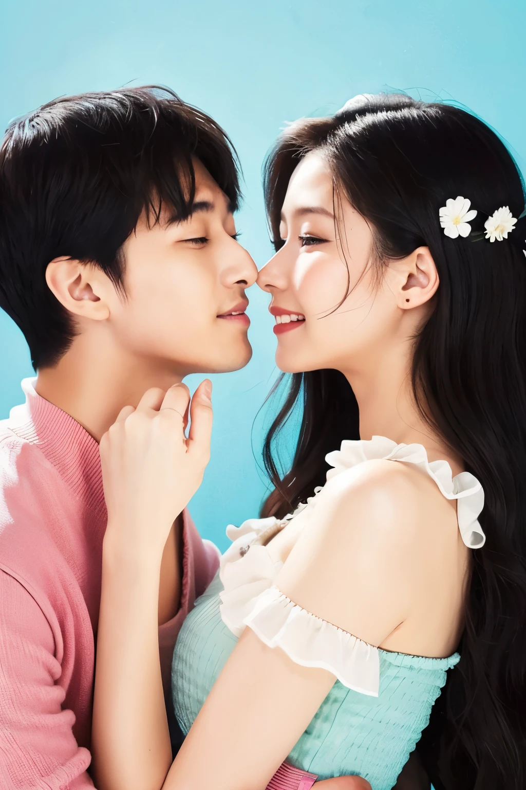 ((highest quality)), ((masterpiece)), (be familiar with), perfect face love love love illustration cute looking at each other in love