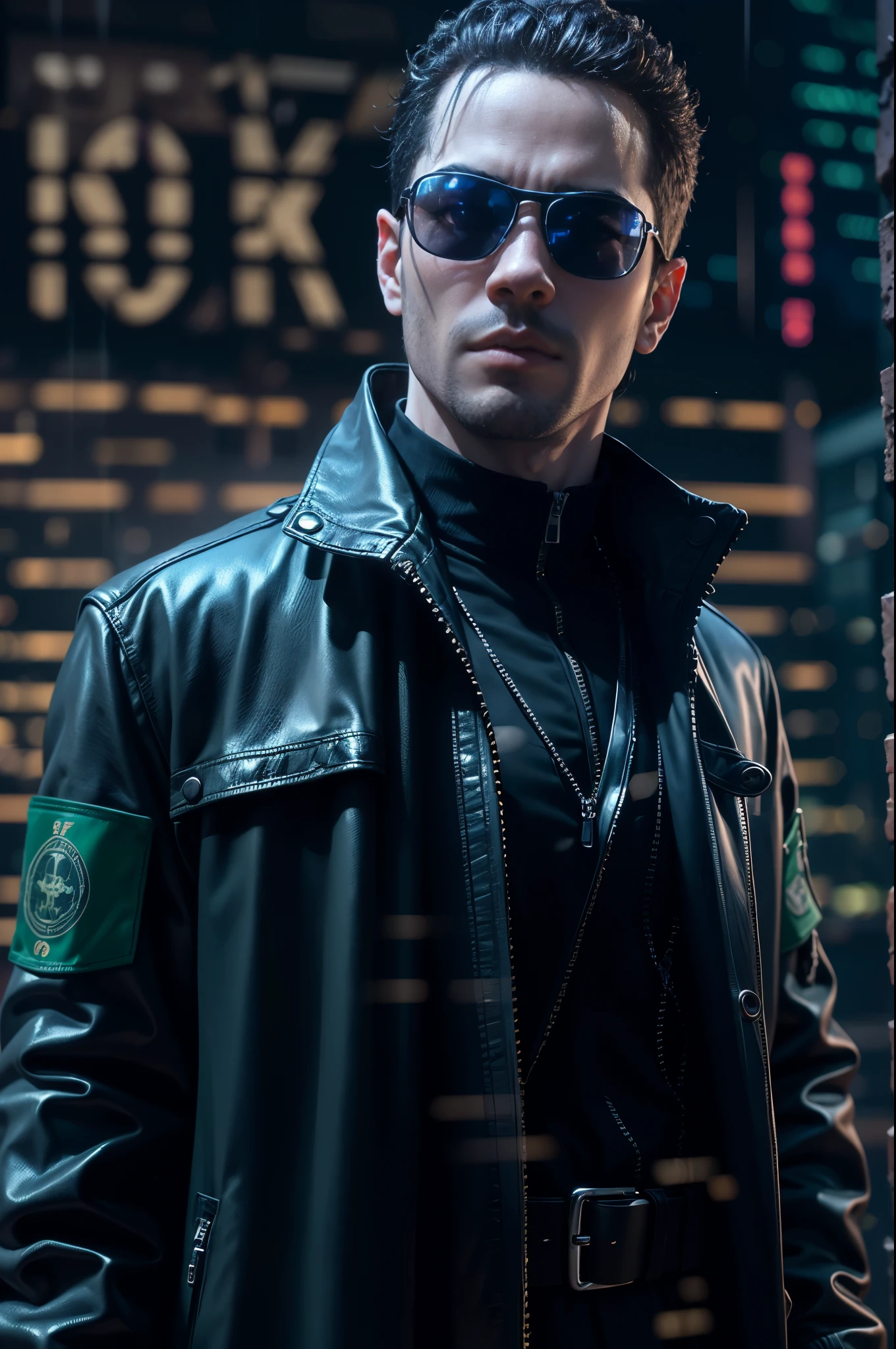 Generate a half-body portrait of a man wearing sunglasses, dressed in a leather trench coat reminiscent of the characters from 'The Matrix', against a backdrop of cascading fluorescent green letters, in the style of the film. Pay meticulous attention to (((intricate details))) like sunglasses, coat, and the texture of the cascading letters. Ambition ((extreme quality of details)) to capture the essence of the 'Matrix' aesthetic. create a ((Complex composition)) which conveys the film's iconic cyberpunk atmosphere. More detail.