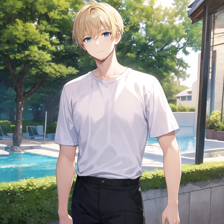 masterpiece, best quality, 1boy, solo, mature male, straight hair, short hair, blonde hair, beard, blue eyes, white t-shirt, black pants, outdoors