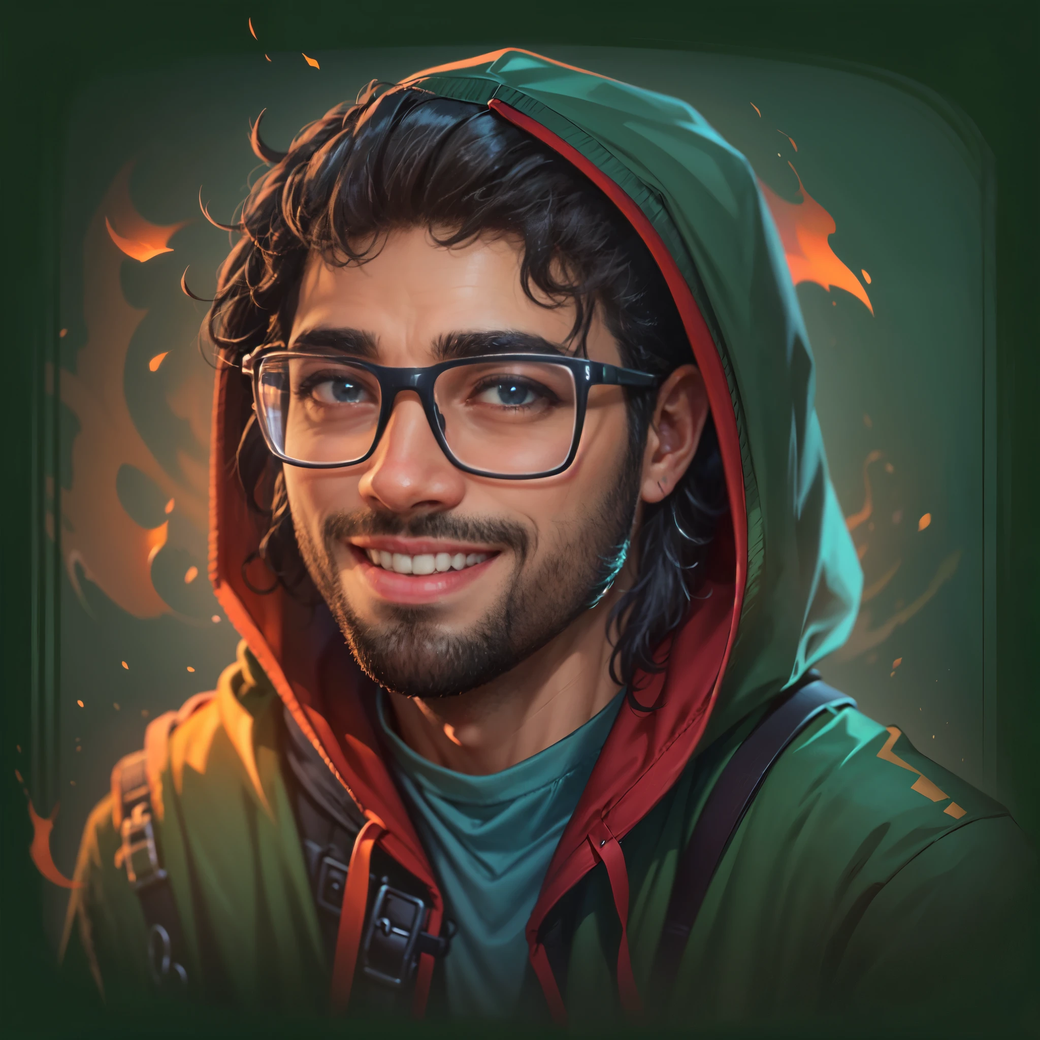 (“Piva”) Create a high-quality 2D cartoon portrait of a man vivid eyes, wearing glasses and a hoodie, displaying a cheerful smile. This portrait is intended for use as an NFT, an avatar image, a Discord profile photo, and a character concept portrait for the streamer and Twitch player known as PivaArts. The full portrait should be detailed and capture the personality and style of PivaArts, Becoming a Statement Piece. The focus is on a character headshot portrait fit for a Twitch streamer, more detail,