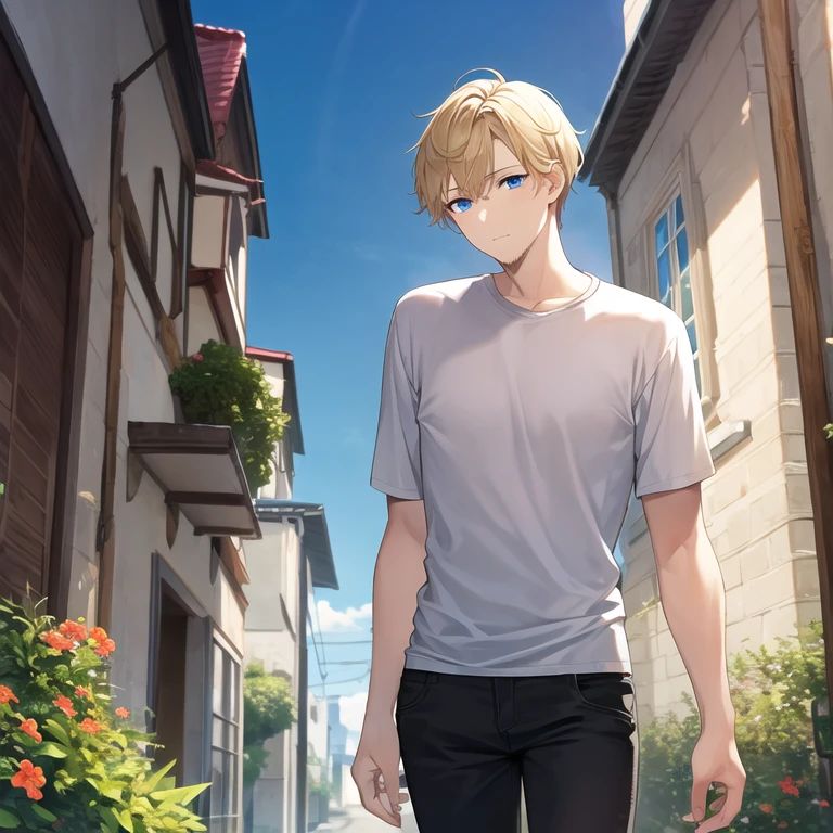 masterpiece, best quality, 1boy, solo, mature male, straight hair, short hair, blonde hair, beard, blue eyes, white t-shirt, black pants, outdoors