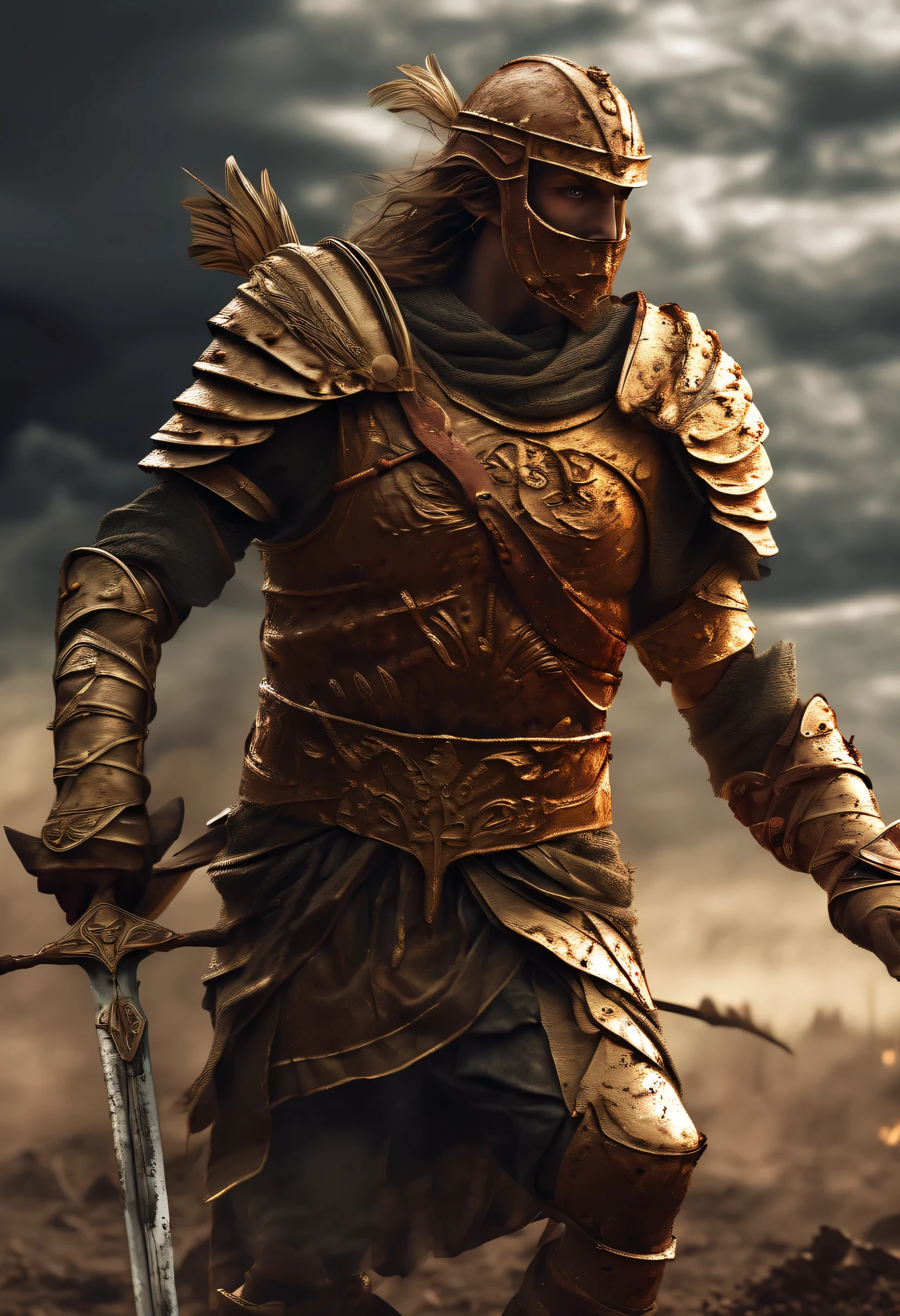 (best quality,4k,8k,(realistic,photorealistic,photo-realistic:1.37),warrior,elegant detailed eyes, in a battlefield, rusty armor covered in dirt and blood,sword raised high, intense gaze, muscles taut, golden sunlight filtering through the clouds, dark smoke engulfing the scene, flying arrows and fallen soldiers, epic clash of spears and shields, an atmosphere of chaos and bravery, reminiscent of ancient Greek mythology)