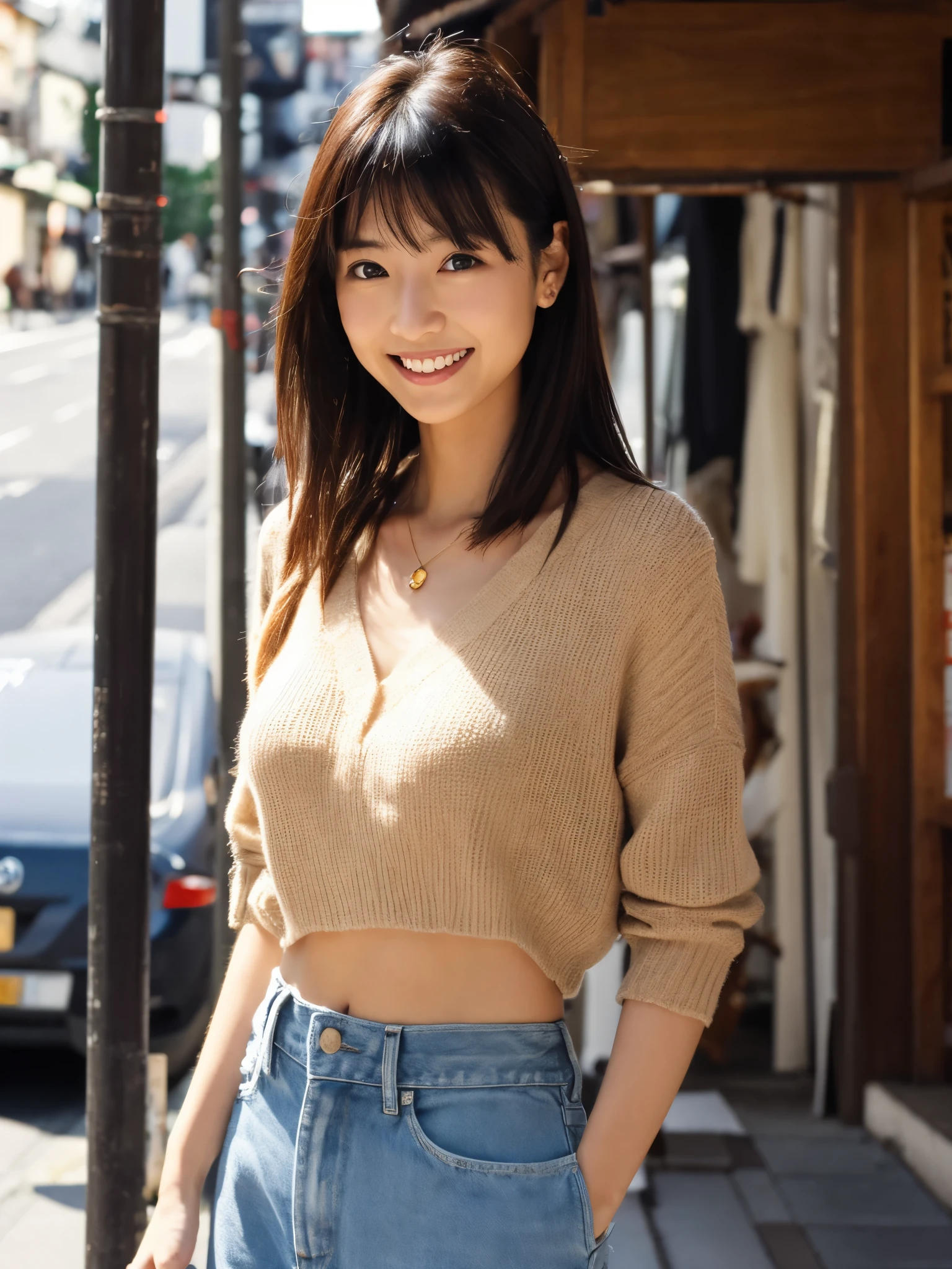 (Ultra-fine images、High Reality、high resolution、high quality)、japanese woman、３０age、Slender、small breasts、very thin waist、long hair、beautiful face、smile、casual clothing、Streets of Kyoto、Depth of bounds written、Photo above the waist