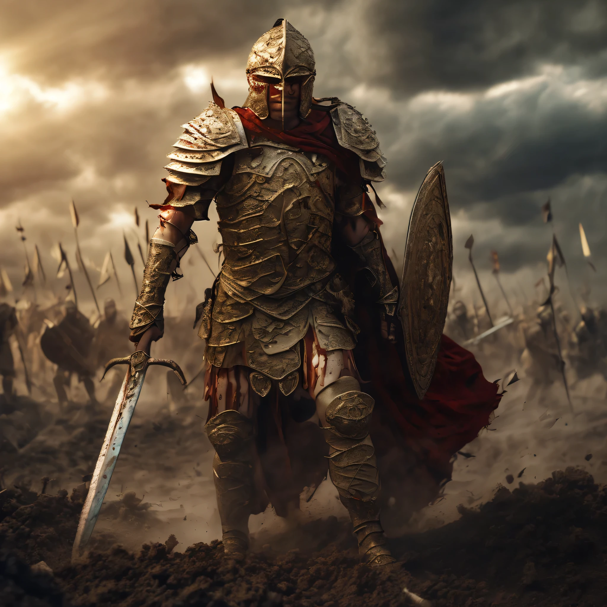 (best quality,4k,8k,(realistic,photorealistic,photo-realistic:1.37),warrior,elegant detailed eyes, in a battlefield, rusty armor covered in dirt and blood,sword raised high, intense gaze, muscles taut, golden sunlight filtering through the clouds, dark smoke engulfing the scene, flying arrows and fallen soldiers, epic clash of spears and shields, an atmosphere of chaos and bravery, reminiscent of ancient Greek mythology)