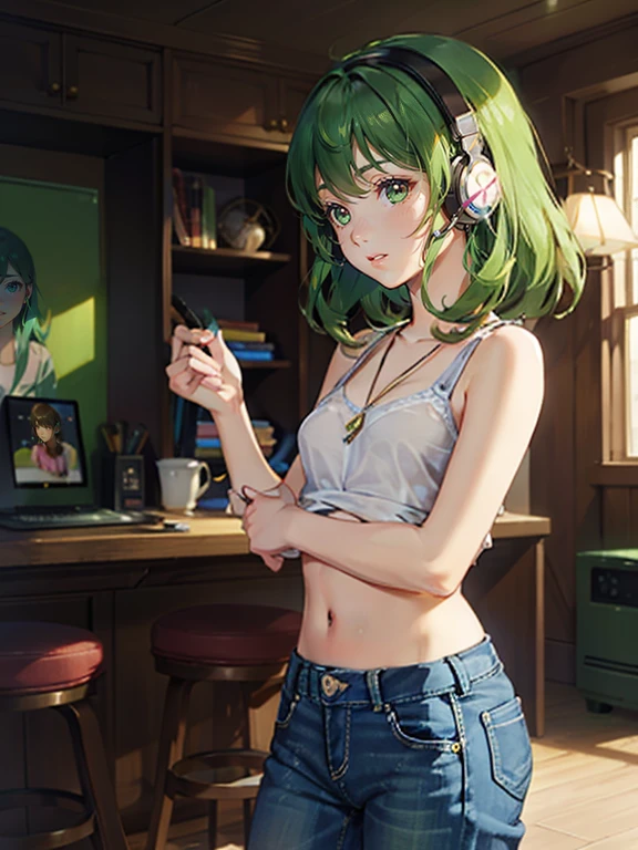 chica anime, cabello largo con degradado verde, teteas grandes, jeans, hearing aid headphones