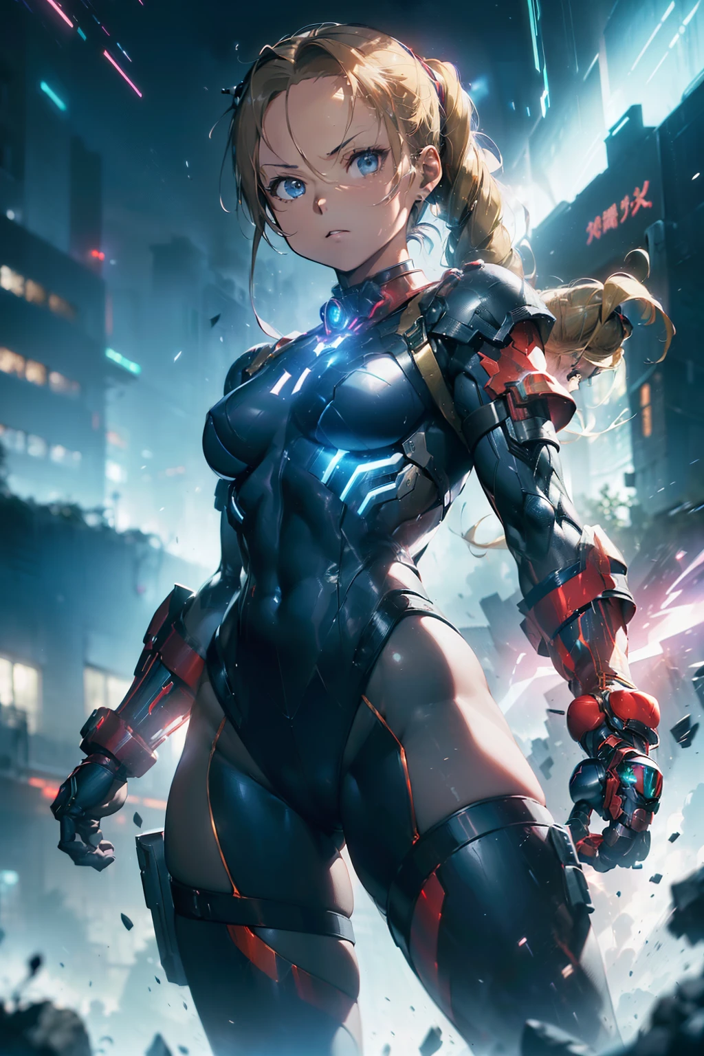 ((Cammy (Street Fighter) in dark suit mecha iron futuristic orned armor modern simplified elegant (((aethereal aesthetic style::1))) by Raymond Swanland ), RTX, SSAO, HBAO, Reflecting Neon Colors, Fujifilm XT3, Natural colors ), ((movement:1.4)), Accent Lighting, Starry Night, (depth)