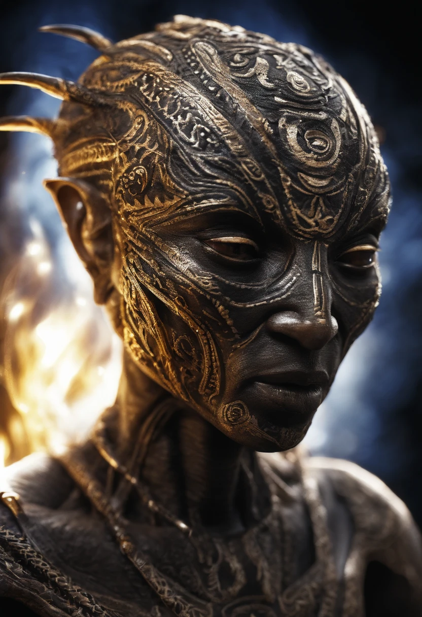 fantchar, a translucent ethereal alien with delicate features in a sci-fi setting, glowing from within, sparks and lights, moonlight, moon, close-up, realistic, highly detailed, intricate