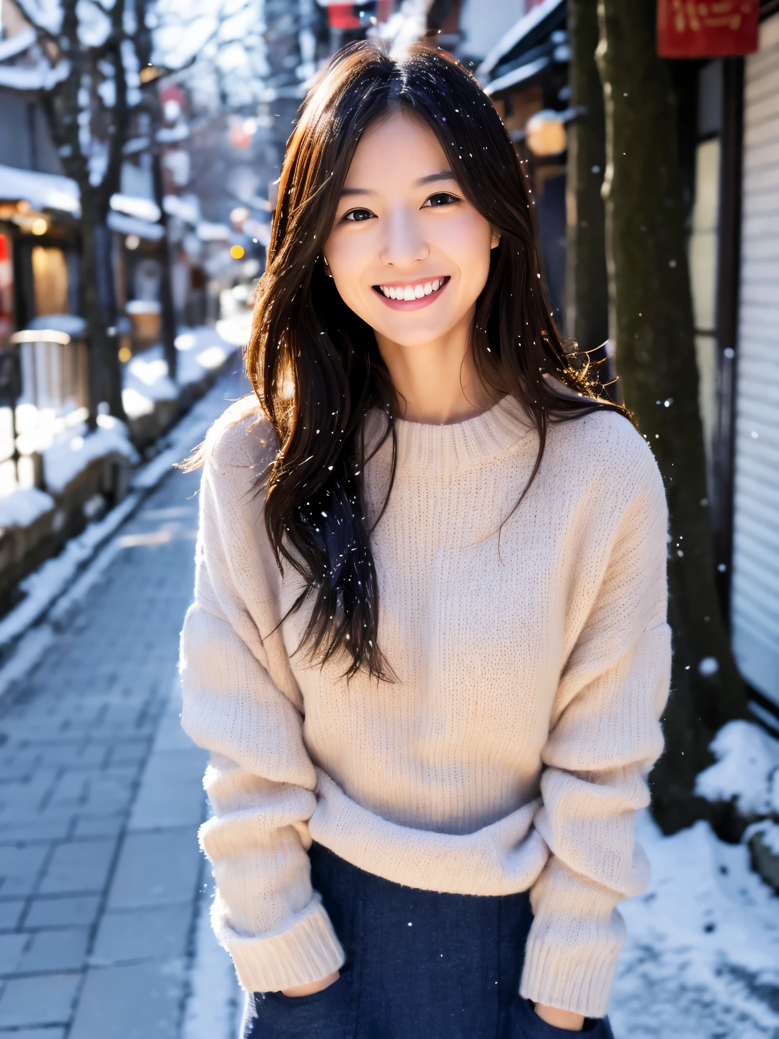 (Ultra-fine images、High Reality、high resolution、high quality)、japanese woman、３０age、Slender、small breasts、very thin waist、long hair、beautiful face、smile、sweater、winter、It&#39;s snowing、Streets of Kyoto、Depth of bounds written、Photo above the waist