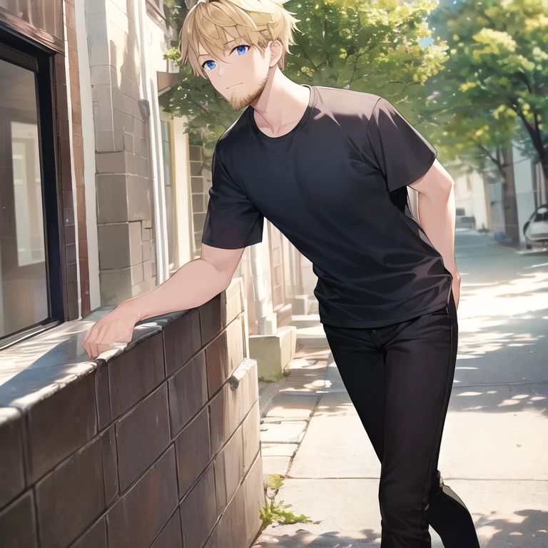 masterpiece, best quality, 1boy, solo, mature male, straight hair, short hair, blonde hair, beard, blue eyes, white t-shirt, black pants, outdoors