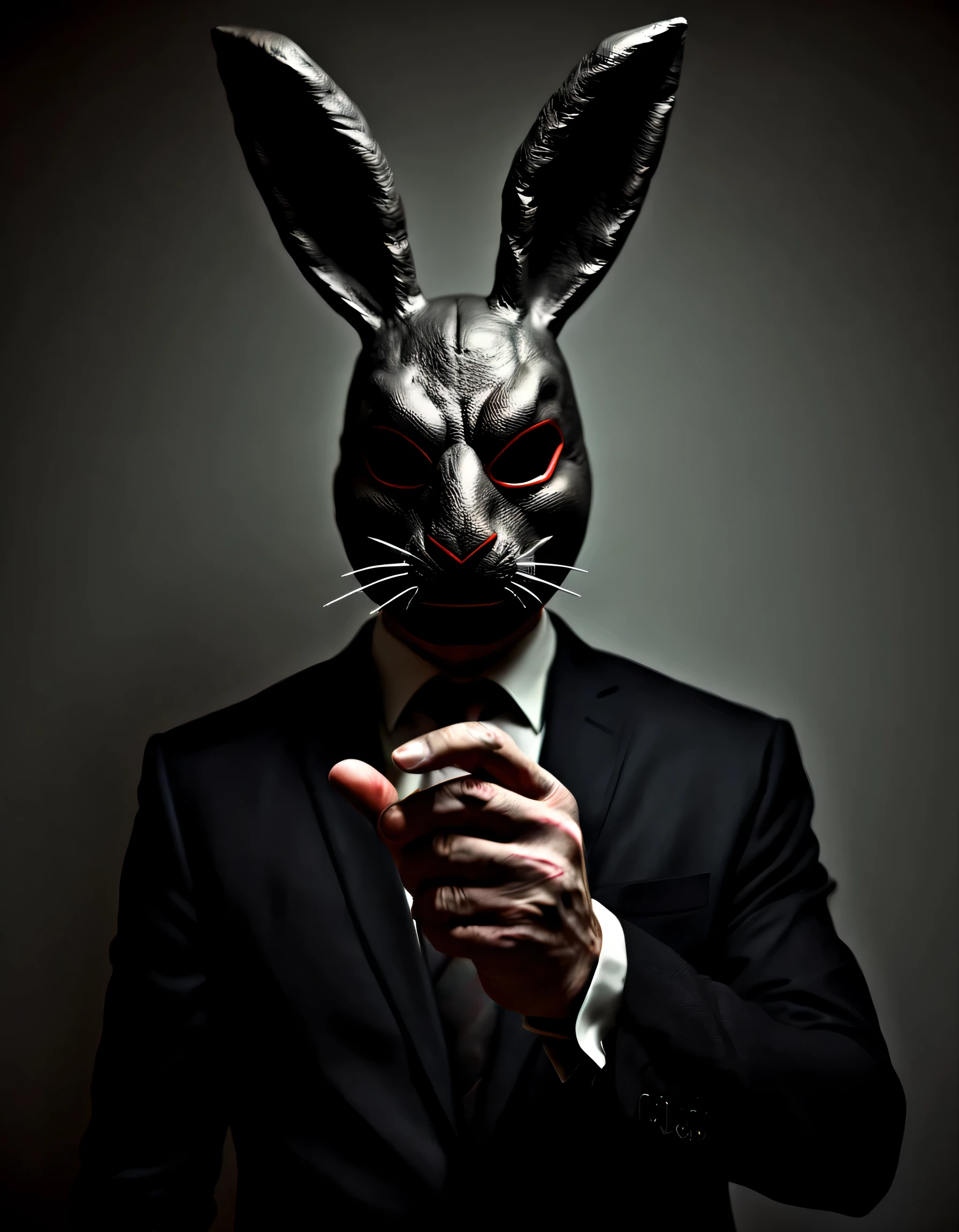 a bizarre man in a rabbit mask, holding a faction in hand, ilustrativo, medium, escuro e misterioso, atmosferas assustadoras, cores, olhos vermelhos, lowkey lighting, contraste intenso, melhor qualidade, ultra detalhado, realista, horror, textura incrivel, olhos assustadores, Sharp shadow details, vivid expression, worn appearance, fundo perturbador, noise and scratch effects
