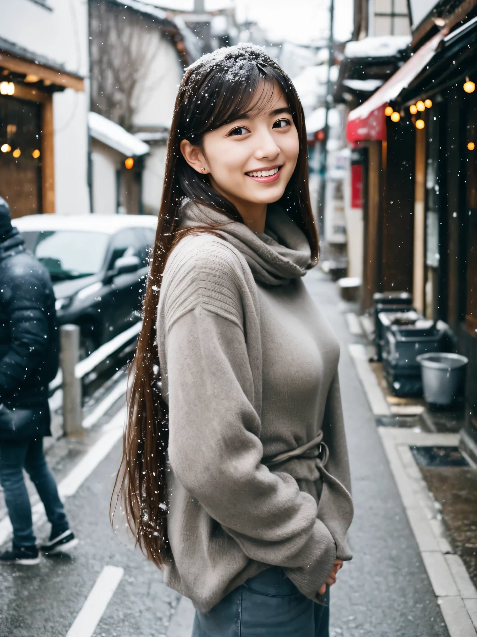 (Ultra-fine images、High Reality、high resolution、high quality)、japanese woman、３０age、Slender、small breasts、very thin waist、long hair、beautiful face、smile、sweater、winter、It&#39;s snowing、Streets of Kyoto、Depth of bounds written、Photo above the waist