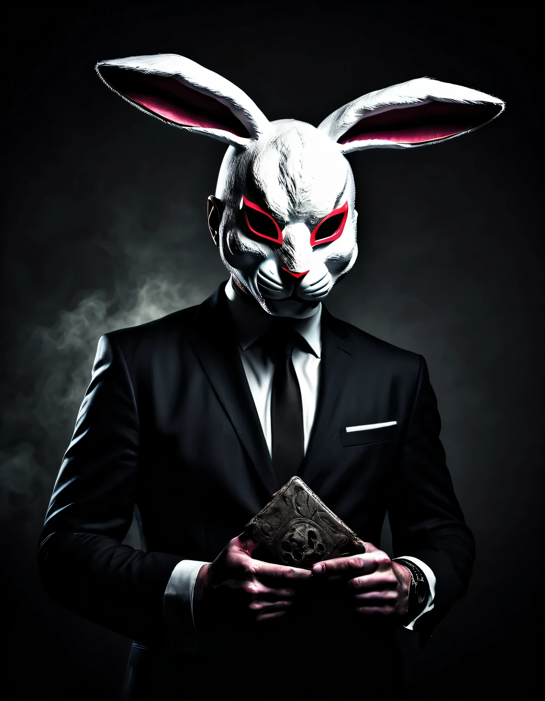 a bizarre man in a rabbit mask, holding a faction in hand, ilustrativo, medium, escuro e misterioso, atmosferas assustadoras, cores preto e branco olhos vermelhos, lowkey lighting, contraste intenso, melhor qualidade, ultra detalhado, realista, horror, textura granulada, olhos assustadores, Sharp shadow details, vivid expression, worn appearance, fundo perturbador, noise and scratch effects