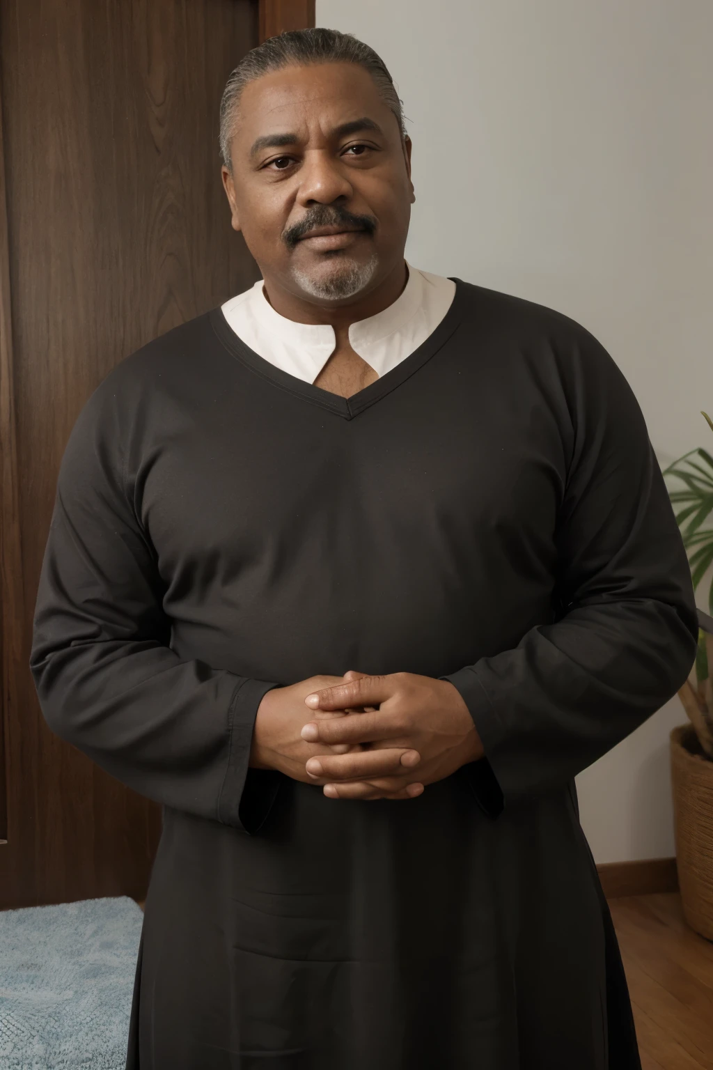 homem ?????, gordo, baixo, vestido como um pastor, com 60 anos, cabelo crespo e bigode grisalhos