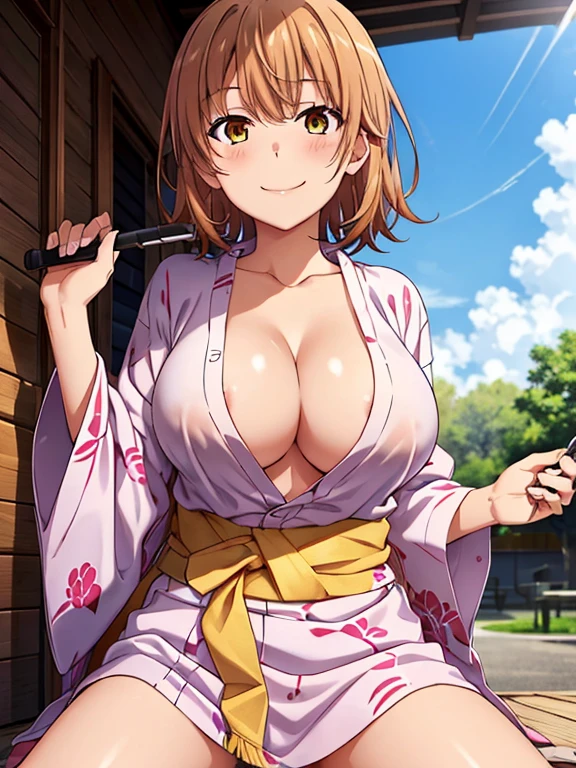 (( highest quality, High resolution, nffsw, perfect pixel, Depth of written boundary, 4K, )), 1 girl, alone, in addition, beautiful anime girl, beautiful art style,
close, looking at the viewer,
perfect body, Isshiki Iroha,short hair, big breasts,
blush all over the face, smile,mouth open,
self snap,
throw,Nipples are fully exposed,spread your legs,Only one Y-shirt with an open front,cleavage,standing position,yukata,
