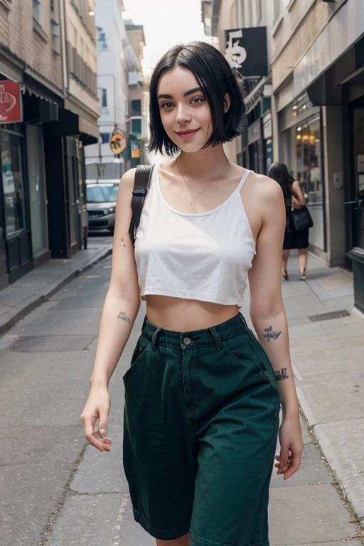 Beautiful black short straight hair girl green eyes inspired at billie eilish walking on the street full nice body picture smiling to the viewer