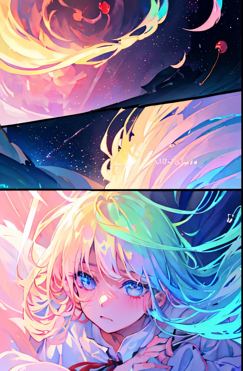 Cute as a dream、a pale, (masterpiece、top-quality、top-quality、watercolor paiting(Curly)、Take a cute cat、Official art、Beautifully Aesthetic:1.2)、(a beauty girl:1.atterns、Soap bubbles、Rainbow behind、clouds、colourfull、Hair spreads throughout、kawaii、pastels、Large ribbon、Lovely room、Wallpapers, poster, fruit, (several fresh cherries), moist, summer, blue sky, white clouds, HD Detail, Moist Watermark, Ultra Detail, Movie, Hyper Realism, Soft Light, Deep Focus Bokeh, Ray Tracing, --niji 5. crystal, fantasy, galaxy, transparent, shimmering, sparkling, splendid, colorful, magical photography, dramatic lighting, Ichika Nakano, short pink hair, blue eyes, nakano_ichika, collared white shirt slightly umbuttoned, Heart, iridescent, cute, crystal, love, blushing, sweet expression, blue sky, iridescent clouds, pastels, dark starry sky, neat lineart, cute, tender, lovely, cozy, sweet