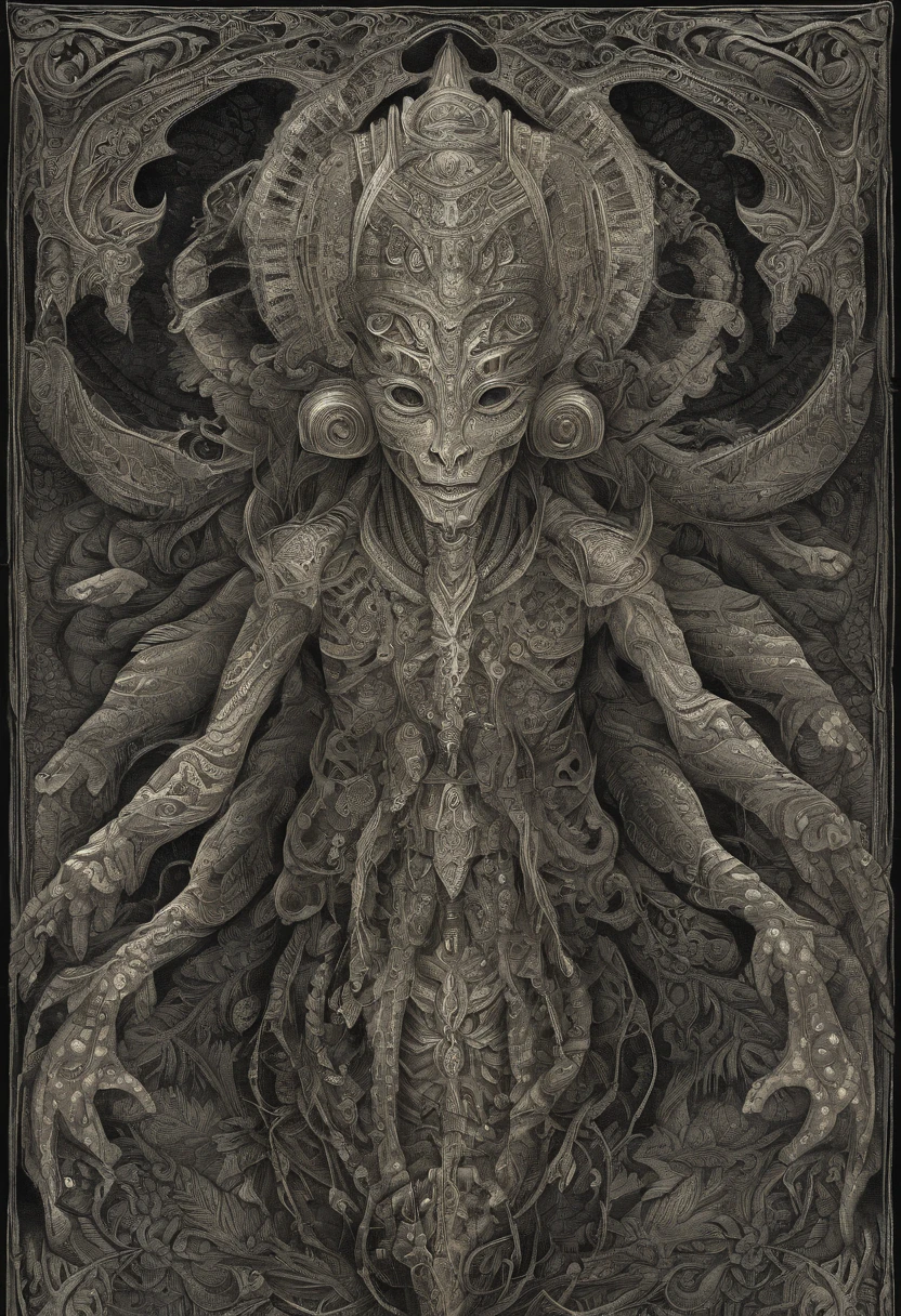 Illustrated black and white demon posing like a god