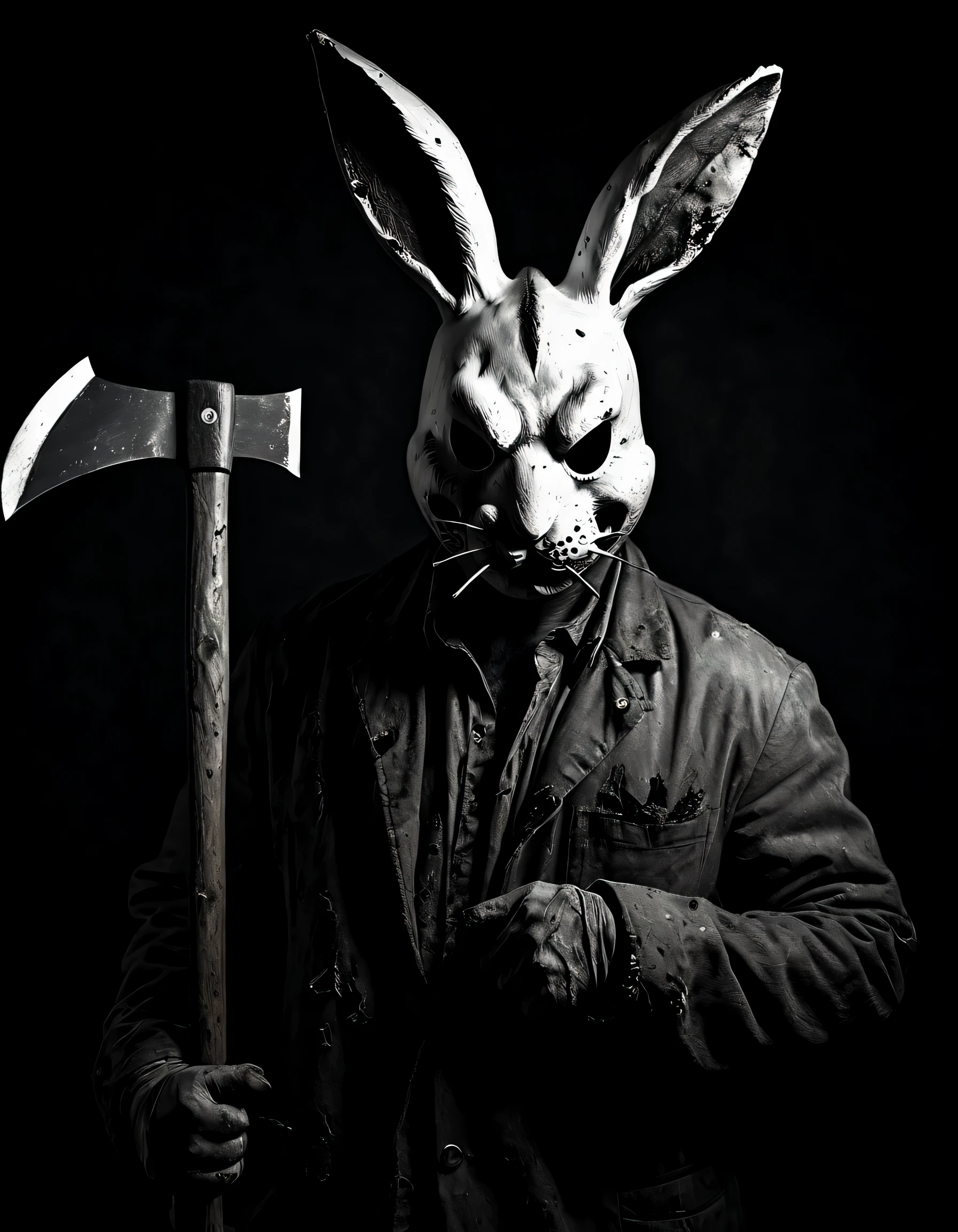 a bizarre man with a rabbit mask, holding an axe in his hand,illustrative,medium,dark and mysterious,creepy atmosphers,black and white colors,low-key lighting,intense contrast,best quality,ultra-detailed,realistic,horror,grainy texture,haunting eyes,sharp shadow details,vivid expression,worn-out appearance,unsettling background,noises and scratches effects