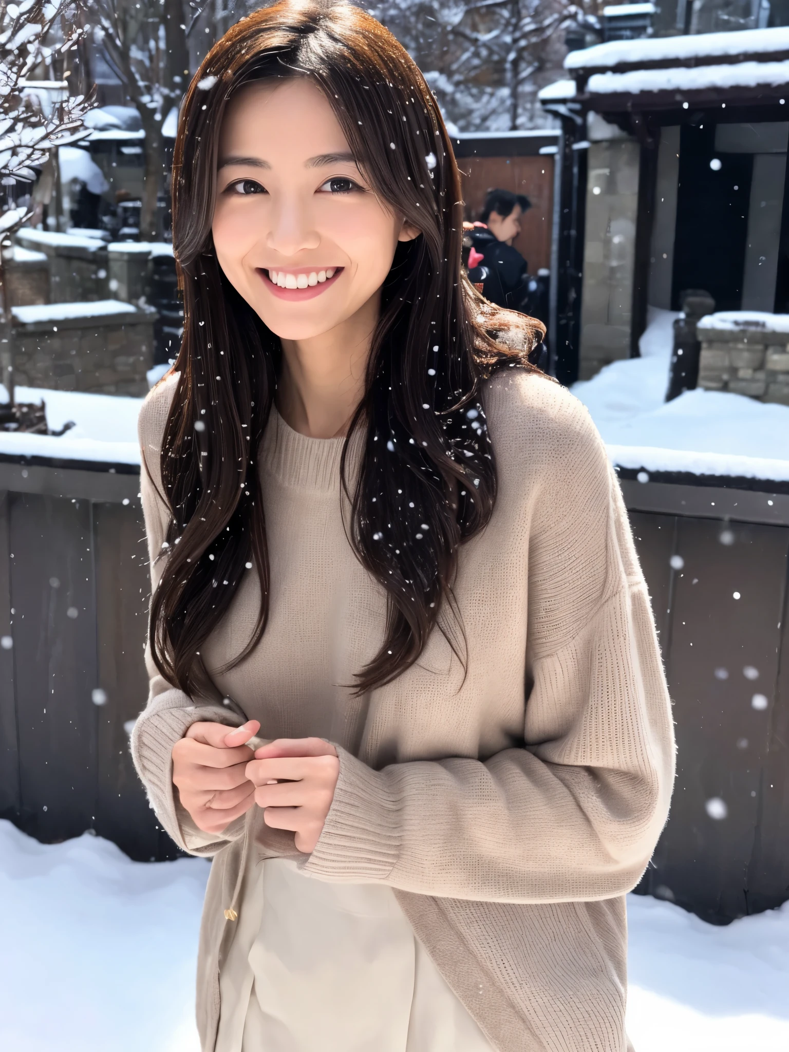 (Ultra-fine images、High Reality、high resolution、high quality)、japanese woman、３０age、Slender、small breasts、very thin waist、long hair、beautiful face、smile、sweater、winter、It&#39;s snowing、Streets of Kyoto、Depth of bounds written、Photo above the waist