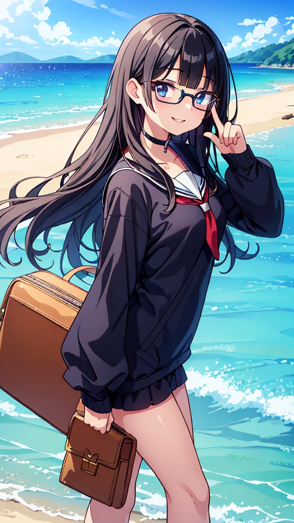 Masterpiece, top quality, ultra-fine, anime, illustration of a beautiful junior high school girl with long straight black hair and glasses smiling innocently, holding one raised index finger in front of her lips as a gesture signifying secrecy, winking, sandy beach in the background.