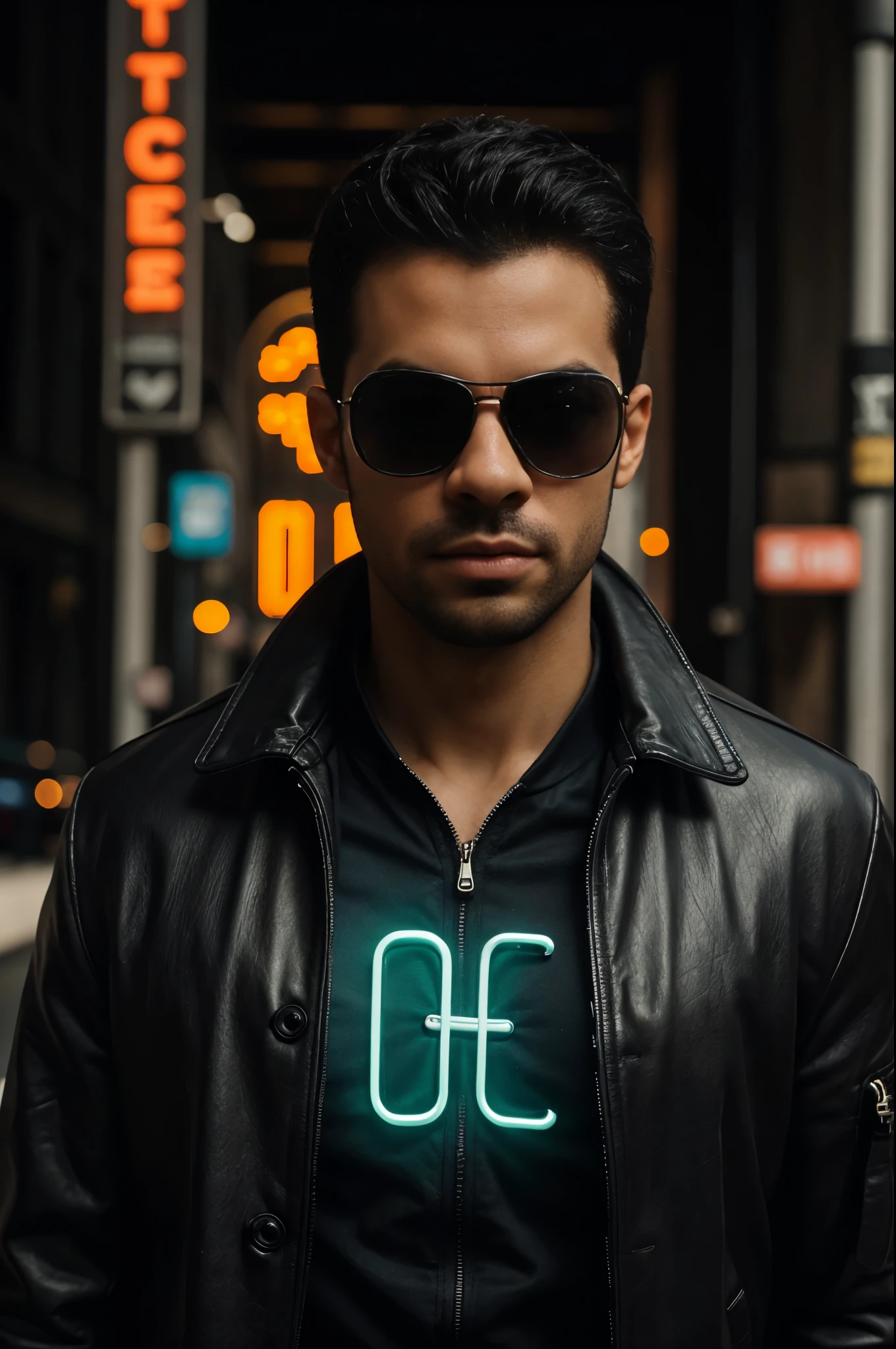 Generate a half-body portrait of a man wearing sunglasses, dressed in a leather trench coat reminiscent of the characters from 'The Matrix', against a backdrop of cascading fluorescent green letters, in the style of the film. Pay meticulous attention to (((intricate details))) like sunglasses, coat, and the texture of the cascading letters. Ambition ((extreme quality of details)) to capture the essence of the 'Matrix' aesthetic. create a ((Complex composition)) which conveys the film's iconic cyberpunk atmosphere. More detail.