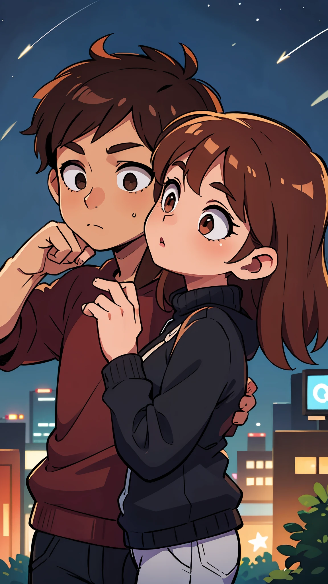 1 brown haired male , 1 brown haired female, in a city, night time , looking at stars, wearing black clothes, kissing
