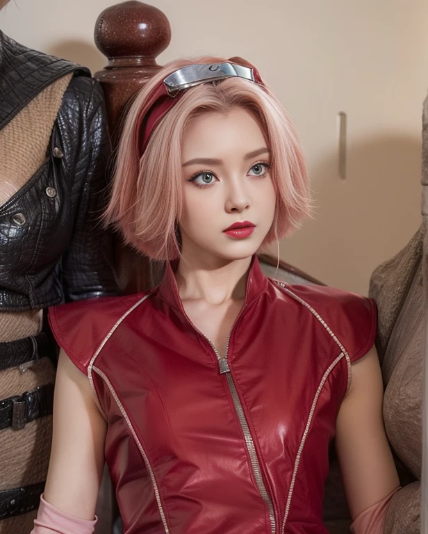 young woman, white skin, short pink hair, wide forehead, big emerald green eyes, buttoned nose, red lips, red clothes, Sakura Haruno, realism, 3d