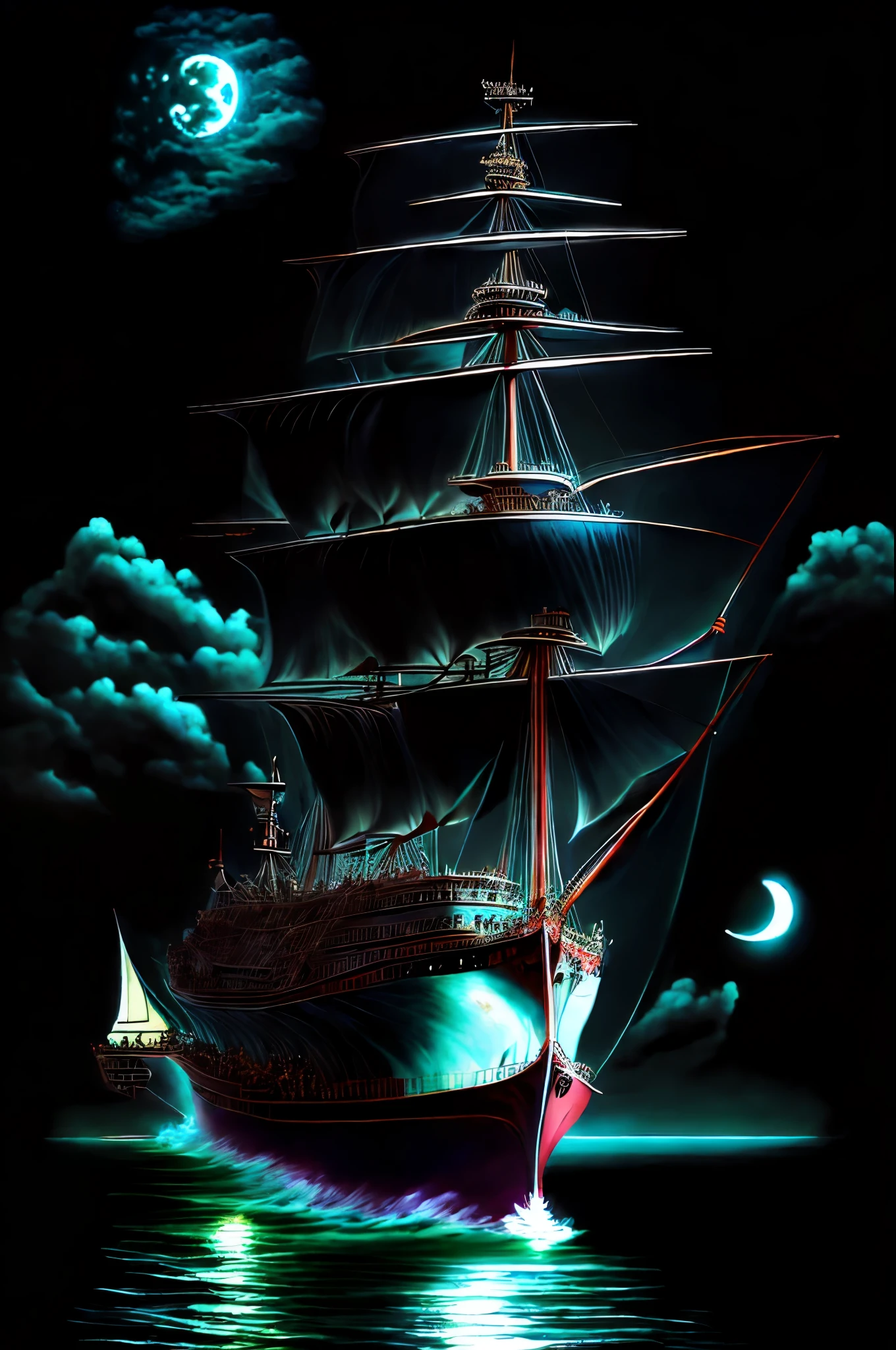 a drawing of a ship sailing in the ocean with a full moon, drawn in microsoft paint, sketch of an ocean in ms paint, outlined art, complete darkness background, chaotic sea setting, intense line art, black line art, ( ( dithered ) ), detailed line art, thin line art, fine line art, hyper contrast well drawn, lineart, ink outlines