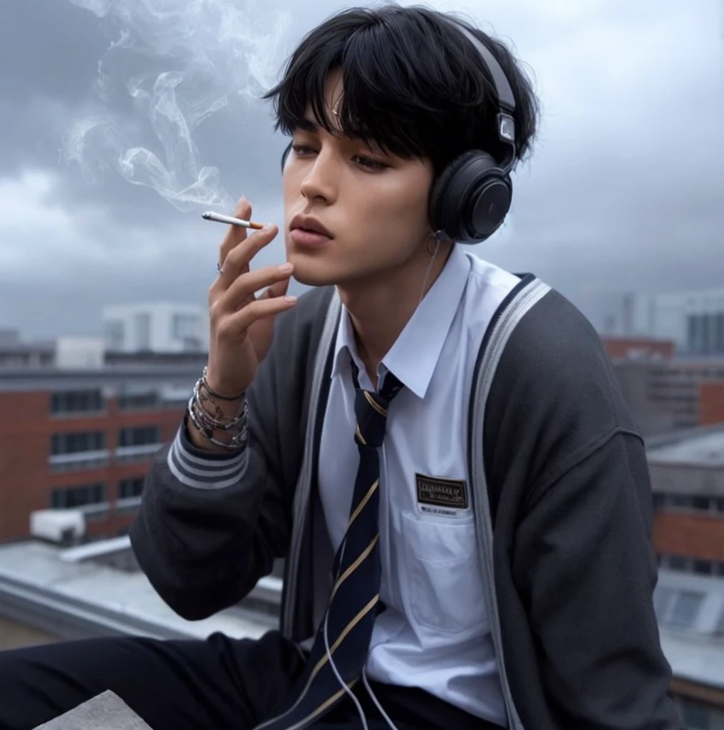 1 homem, Cabelo preto, Rosto Delicado, Bonitinho, brincos de amor, vestido de uniforme escolar, on the terrace of the school building, pensativo, Ultra-HD, obra de arte, melhor qualidade, super detalhe, sozinho, com fones de ouvido