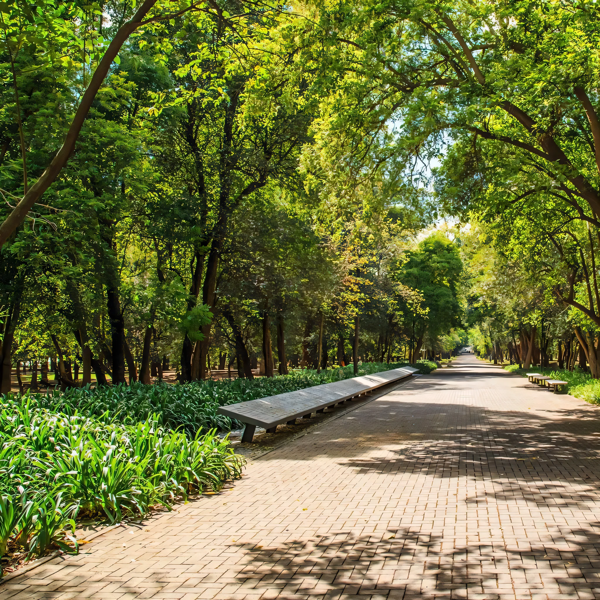 Arafed walkway in a park with trees and benches.., Estacione en una zona luminosa, sunny day, Un hermoso camino en un bosque, sunny day in a park, Parques y jardines, Parques & Public spaces, Espacios verdes, Paisaje del parque, Green Alley, peaceful lushious forest, road between tall trees, Camino hacia un exuberante bosque, en un parque de la ciudad, Parque de la ciudad con flores