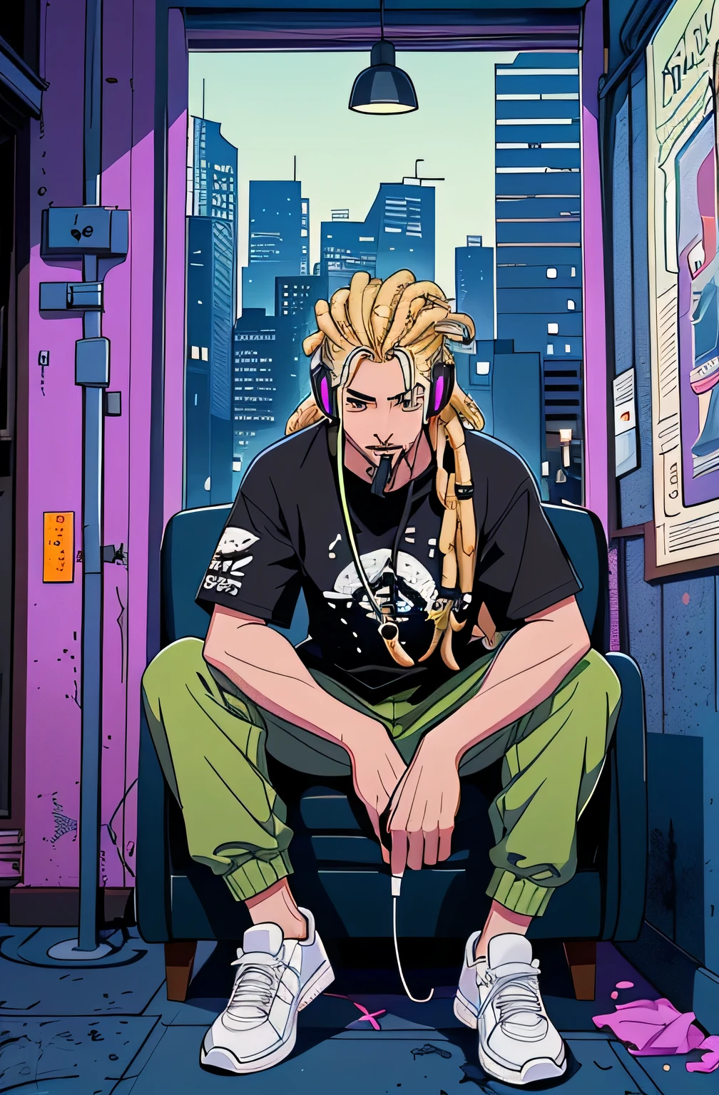 personagem masculino, cavanhaque, Dreadlock loiro, cigarro na boca, fones de ouvido ligados, cell phone in hand, camiseta preta, camouflage pants, White sneakers, sentado em uma cadeira olhando para a janela, ambiente escuro, window showing the city at night, estilo anime, menino lofi, vibe lofi