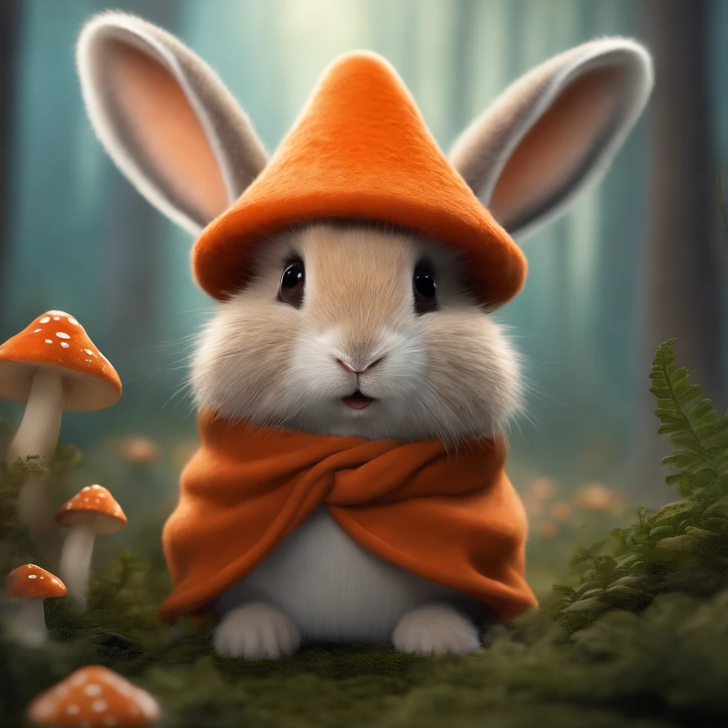 adorable creature,Similar to a mixture of rabbit and carrot, Adorable, Cute, Furry, Fluffy, forest, Mushrooms, Wear a mushroom hat