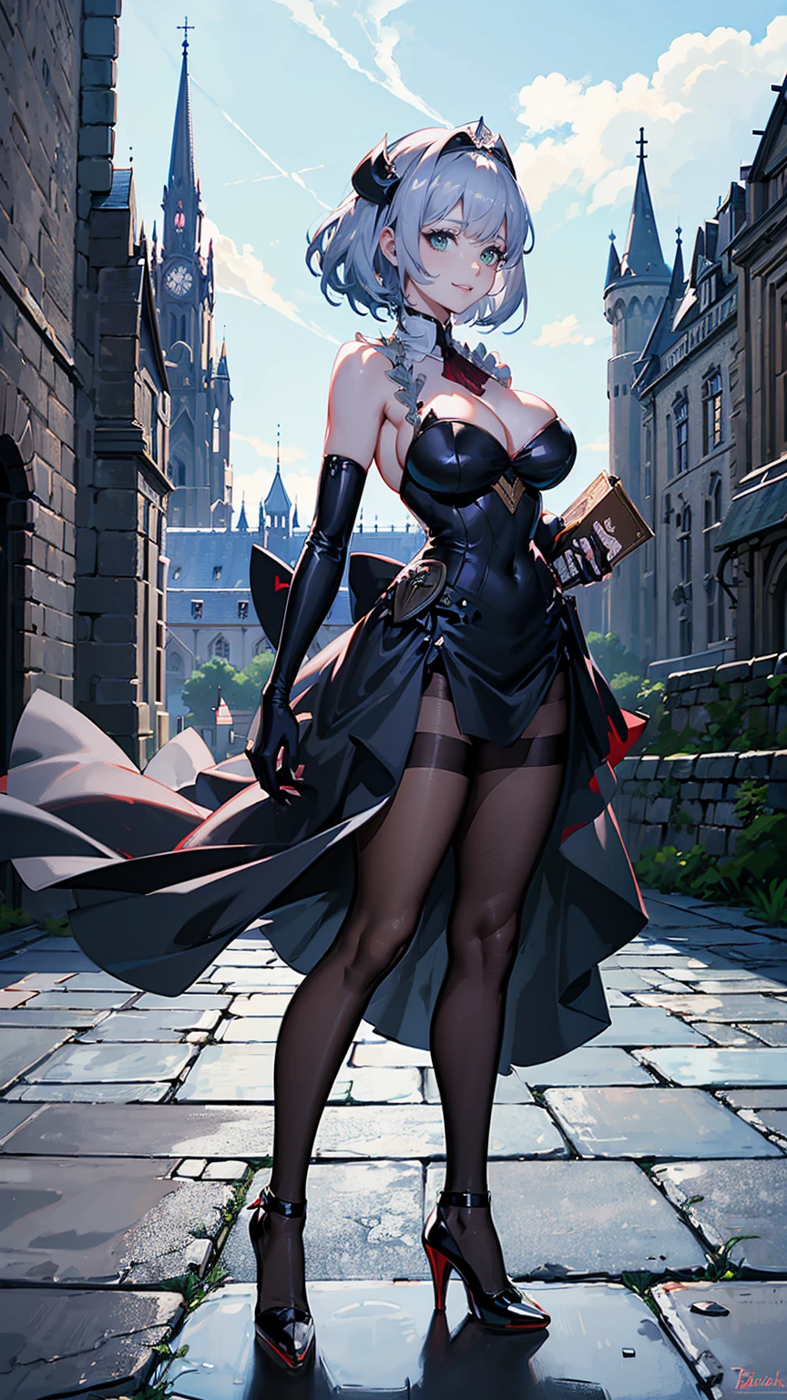((Best Quality)), ((masterpiece)), ((anime)), one woman standing in a sexy black party dress on a castle, ((sexy party dreslack)), black pantyhose, pumps platform high heels, light green eyes, silver hair, short hair, big cleavage, (((full body))), (medieval setting, europe landscape, castle medieval), smile, exposed shoulders,