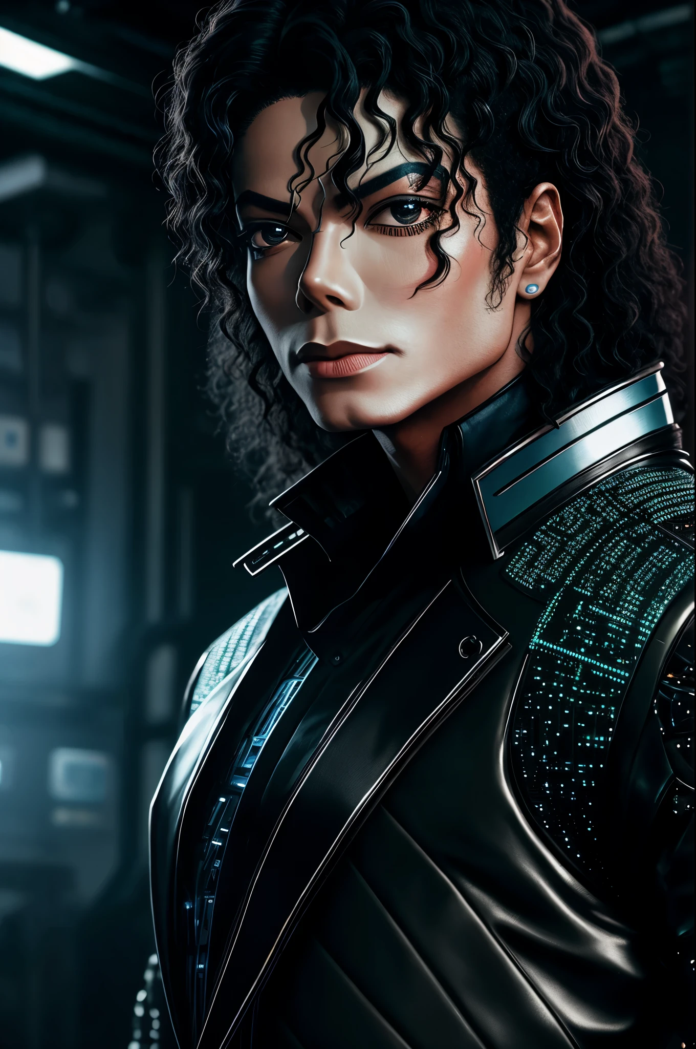 Michael.Jackson in detailed futuristic clothing, with traces of cybernetic circuits visible, oily and shiny skin on his face highlighting tension, standing in a high-tech mechanics laboratory, intense photographic style of a thriller.