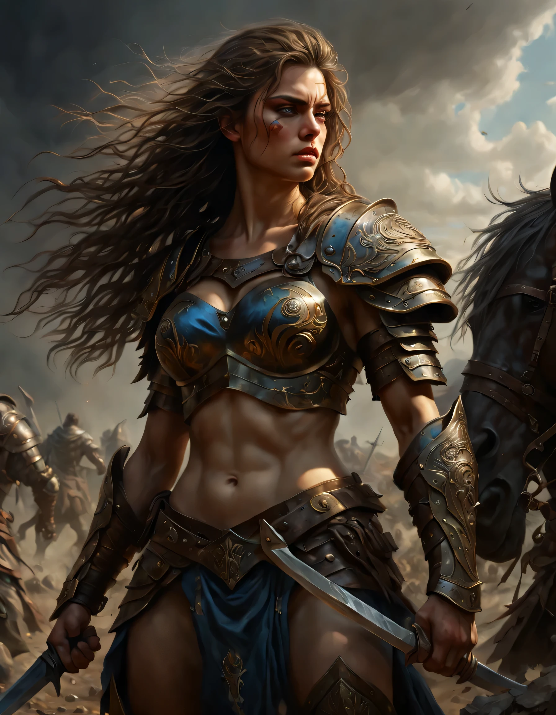 (melhor qualidade, high resolution, ultra-detalhado, realista:1.37), dynamic lighting, oil painting, Guerreiro, olhar intenso, strong and defined characteristics, cabelo solto, postura poderosa e confiante, dramatic shadows, cores vibrantes, complex armor with metallic details, epic battle scene, post apocalyptic landscape, atmosfera assustadora, arte de fantasia, abelos cumprido ou curto, Face da Brava, reino sombrio, pose sexy, fantastic landscape, fantasia adulta