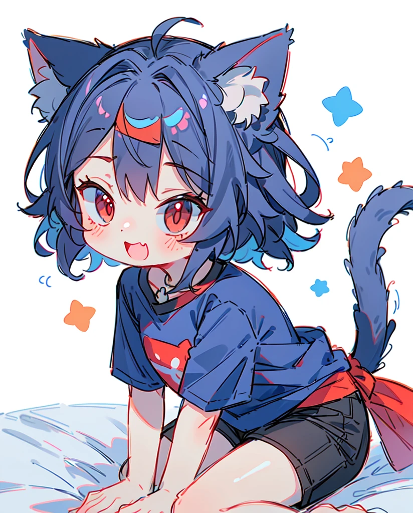 sweet,amazing, cheerful, Lively, 's face,Head to body ratio 1, Cat girl, cat ears and tail, blue ears and tail, fluffy tail, blue curly hair, short hair, Red eyes, masterpiece, cutie, loli, red bandana around the neck, black shorts, black oversized t-shirt, Blue hair, RED BANDAGE ON THE NECK