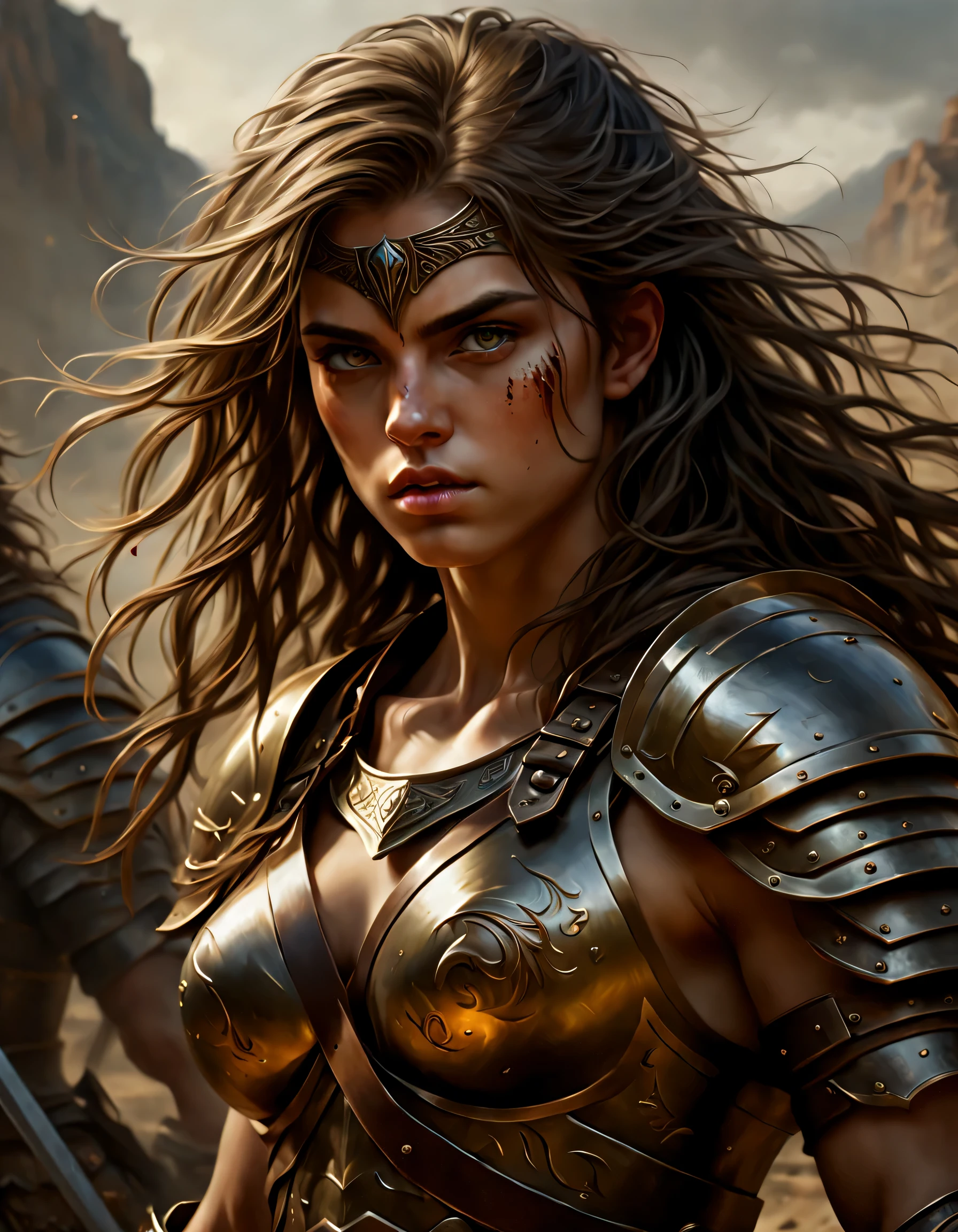 (melhor qualidade, high resolution, ultra-detalhado, realista:1.37), dynamic lighting, oil painting, Guerreiro, olhar intenso, strong and defined characteristics, cabelo solto, postura poderosa e confiante, dramatic shadows, cores vibrantes, complex armor with metallic details, epic battle scene, post apocalyptic landscape, atmosfera assustadora, arte de fantasia, abelos cumprido ou curto, Face da Brava, reino sombrio, pose sexy, fantastic landscape, fantasia adulta