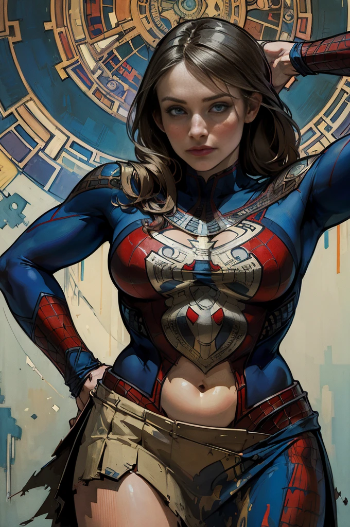 Kristen Bell、Sticking out the navel、newyork、She wears a torn Spider-Man suit,wearing a skirt、abstract photorealistic、artistic、Alphonse Mucha's painting(masterpiece、highest quality、High resolution:1.4)、detailed、複雑なdetailed、In 4K、color splash、line drawing、fibonacci、